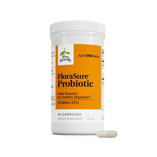 FloraSure® Probiotic bottle with orange label and one capsule