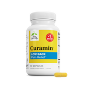 Curamin Low Back pain relief supplement bottle with one yellow softgel capsule, 60 capsules