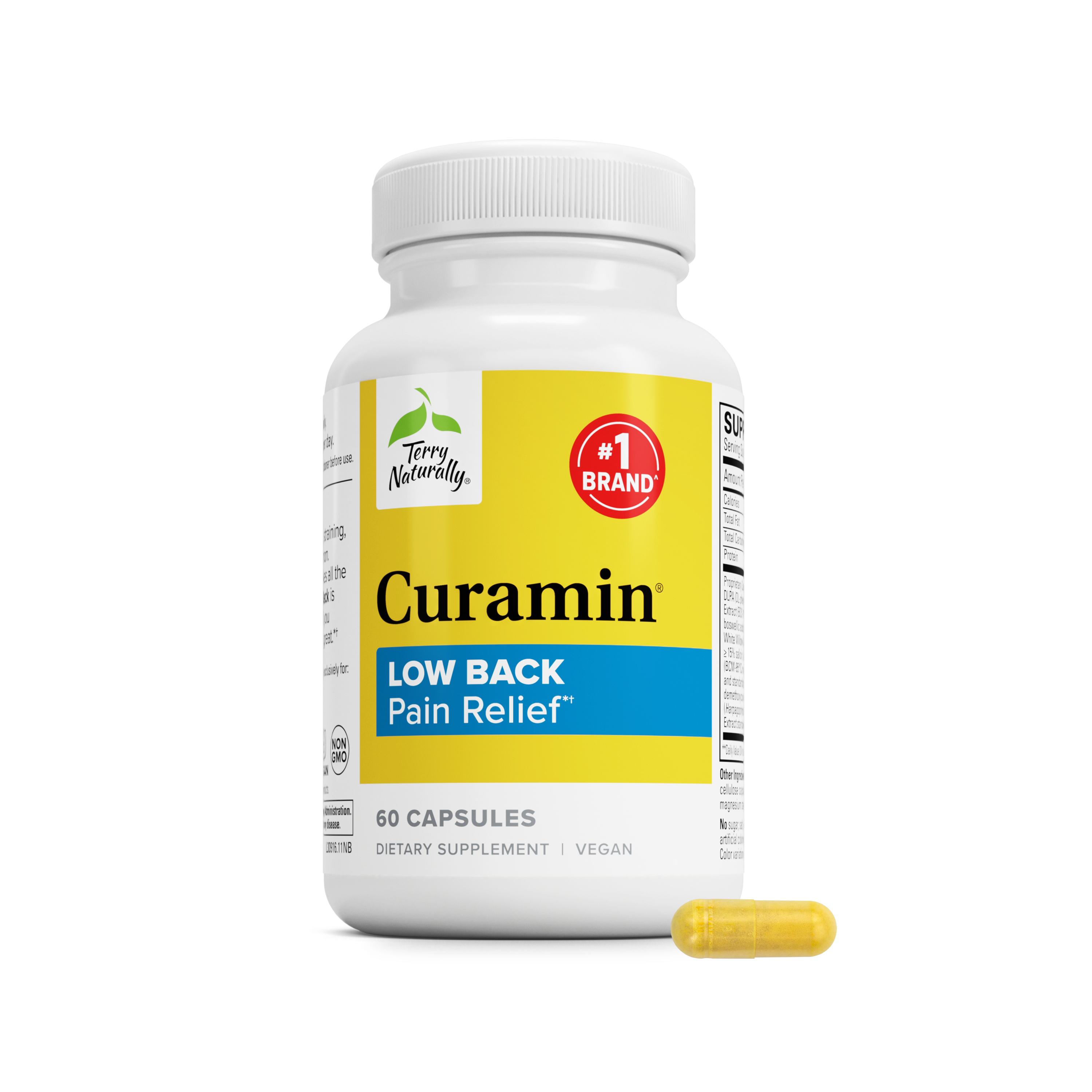 Curamin Low Back pain relief supplement bottle with one yellow softgel capsule, 60 capsules