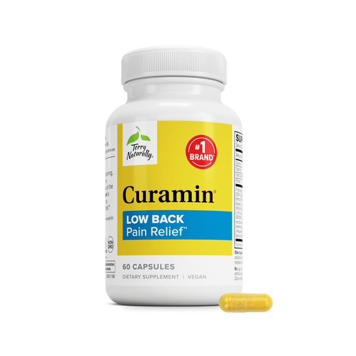 Curamin Low Back pain relief supplement bottle with one yellow softgel capsule, 60 capsules