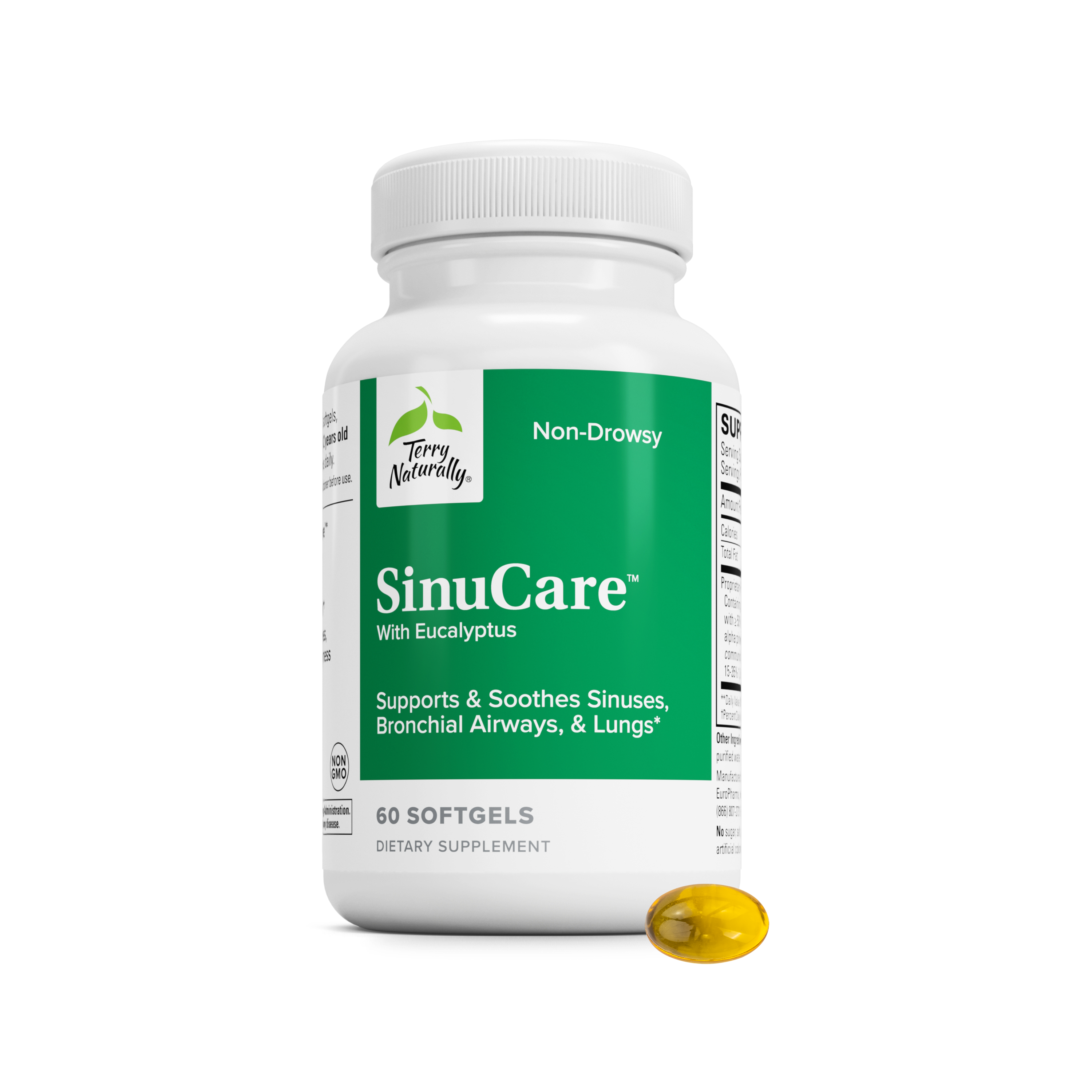 Non-drowsy SinuCare softgels bottle, green label with eucalyptus respiratory support
