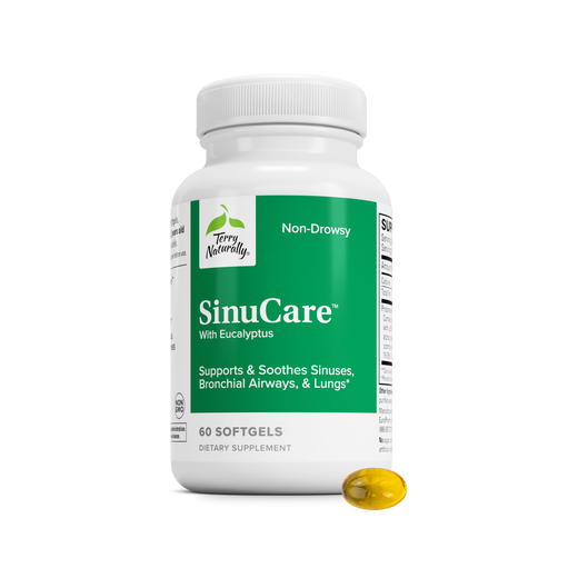 Non-drowsy SinuCare softgels bottle, green label with eucalyptus respiratory support