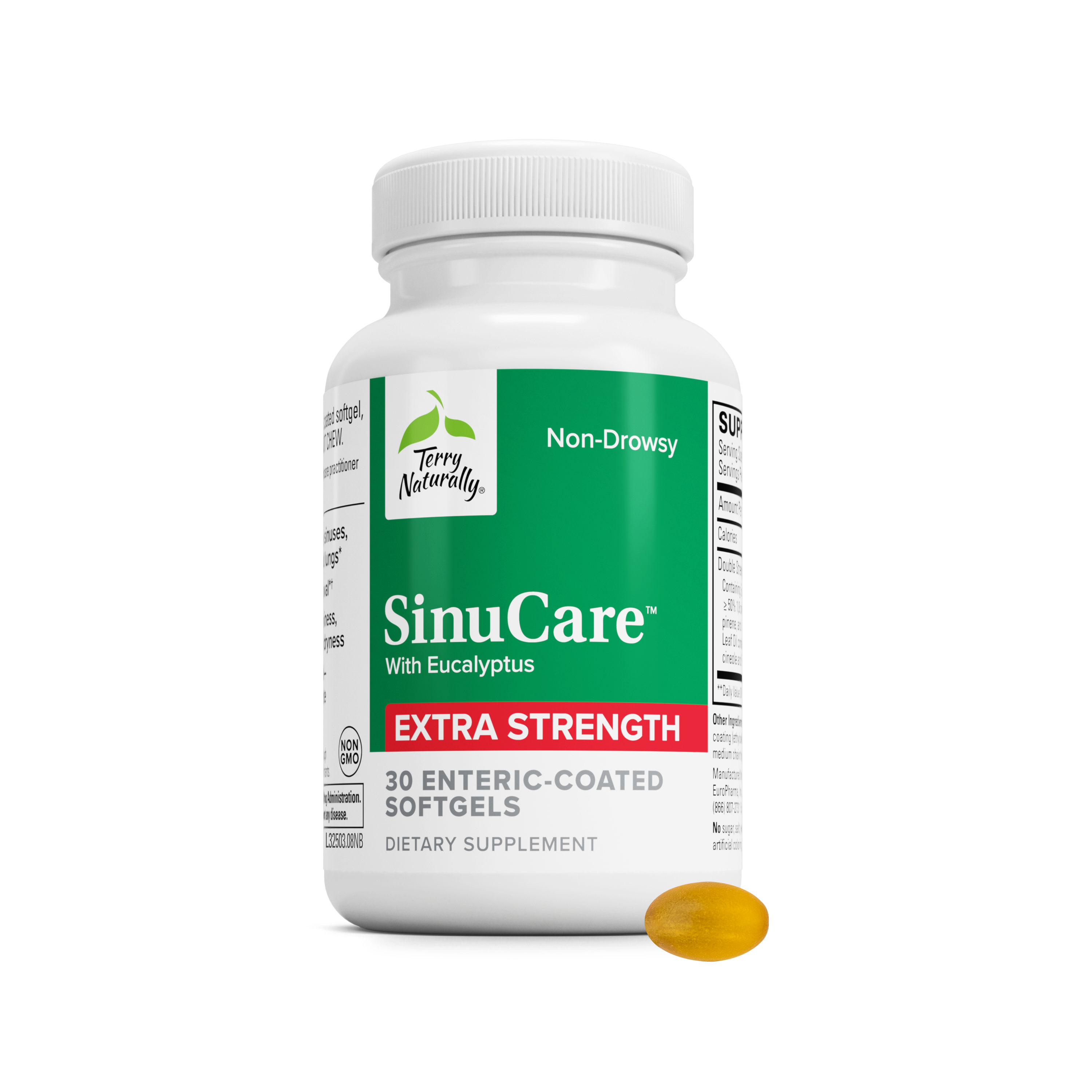 SinuCare™ Extra Strength softgel supplement bottle, eucalyptus, non-drowsy