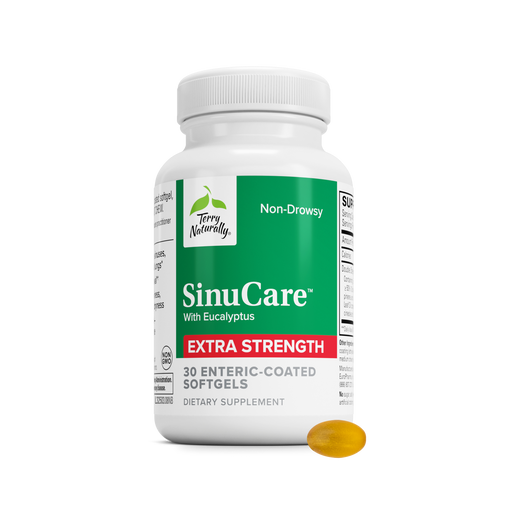 SinuCare™ Extra Strength softgel supplement bottle, eucalyptus, non-drowsy