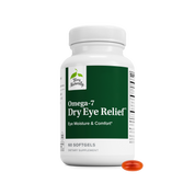 Omega-7 dry eye relief softgels bottle with green label, 60 count