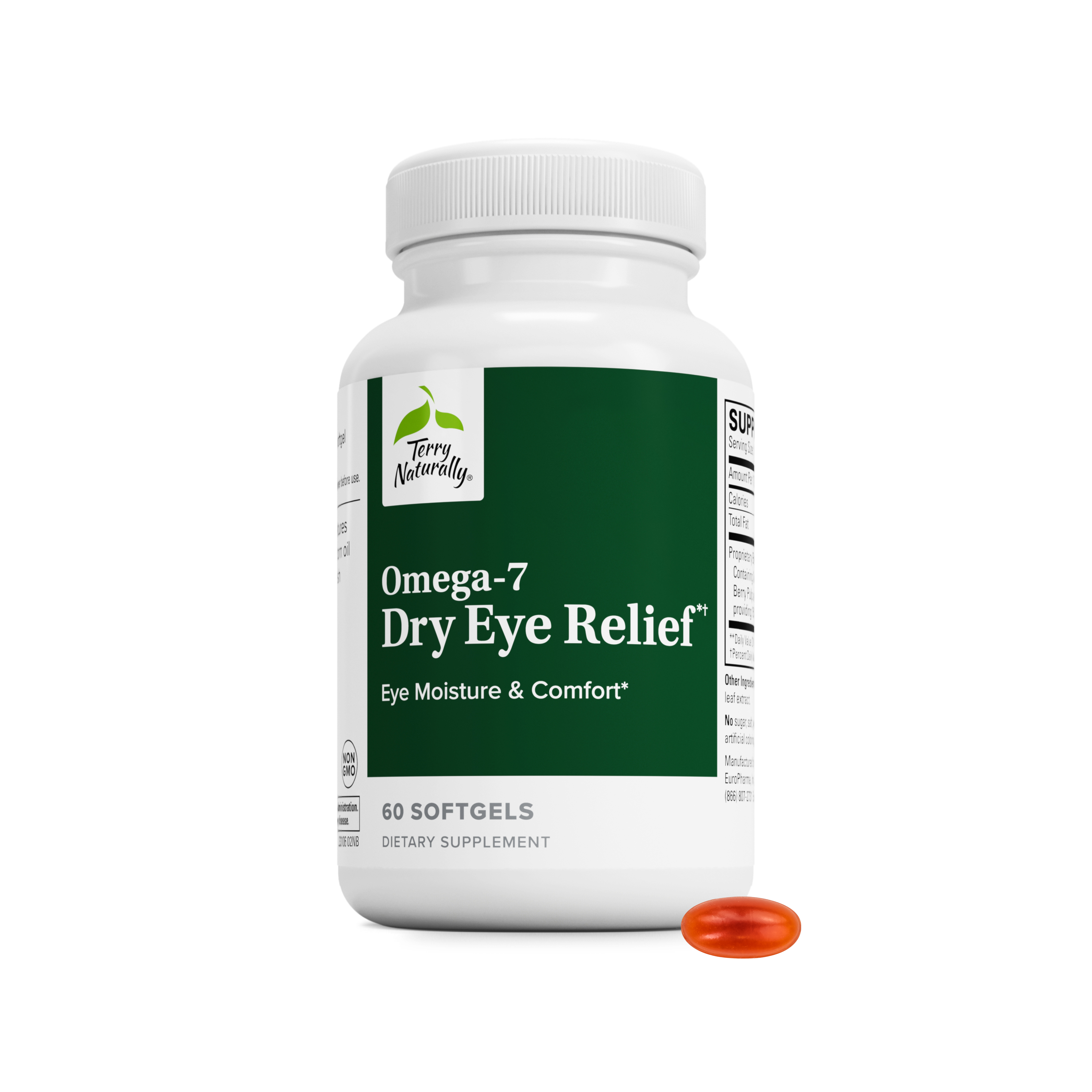 Omega-7 dry eye relief softgels bottle with green label, 60 count