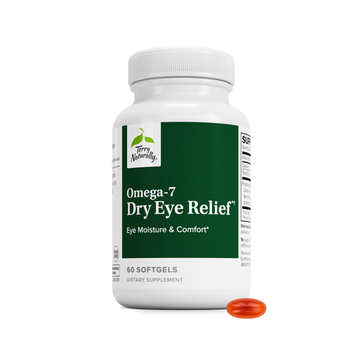 Omega-7 dry eye relief softgels bottle with green label, 60 count