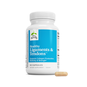 White plastic supplement bottle with blue label, containing ligament & tendon capsules