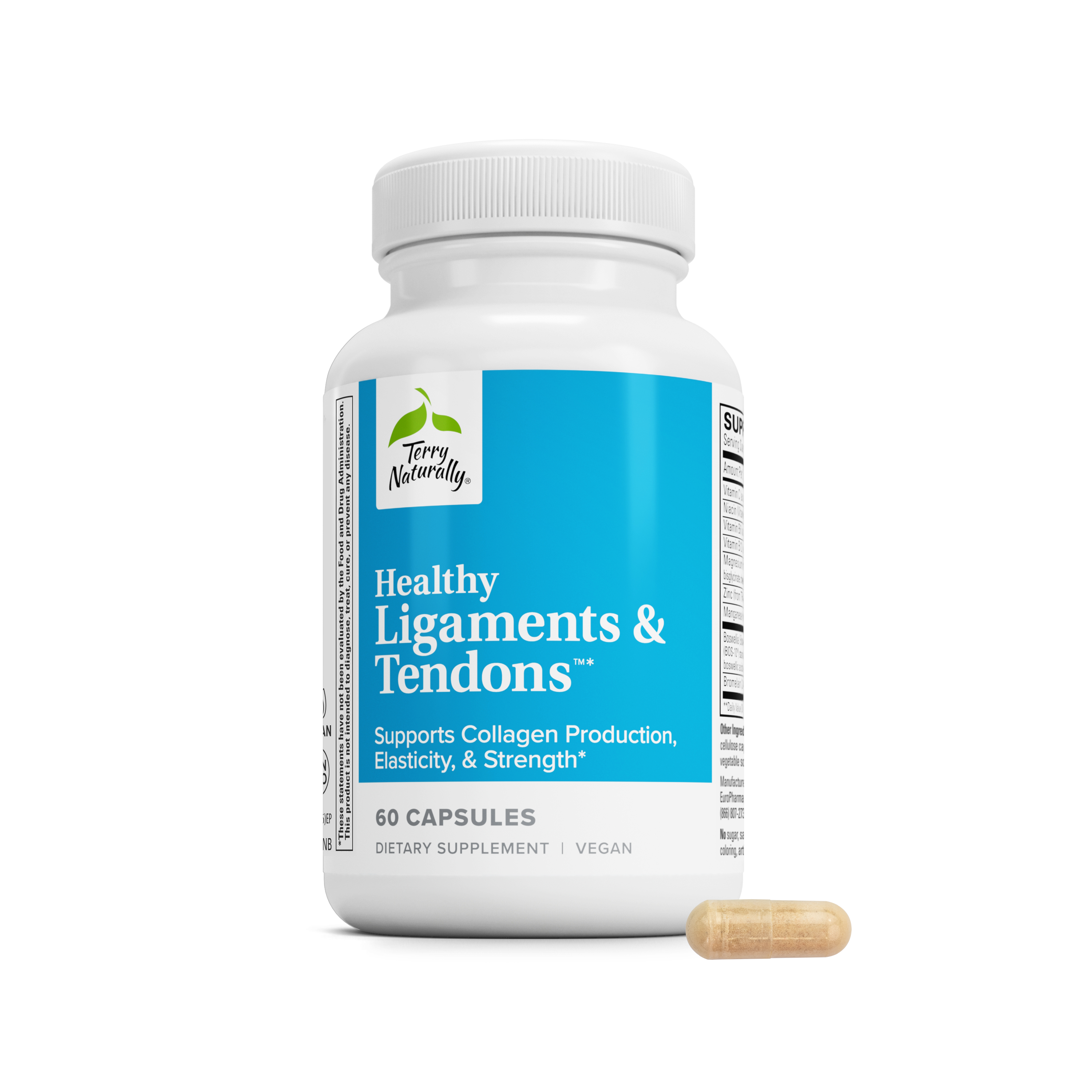 White plastic supplement bottle with blue label, containing ligament & tendon capsules