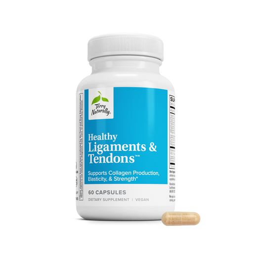 White plastic supplement bottle with blue label, containing ligament & tendon capsules