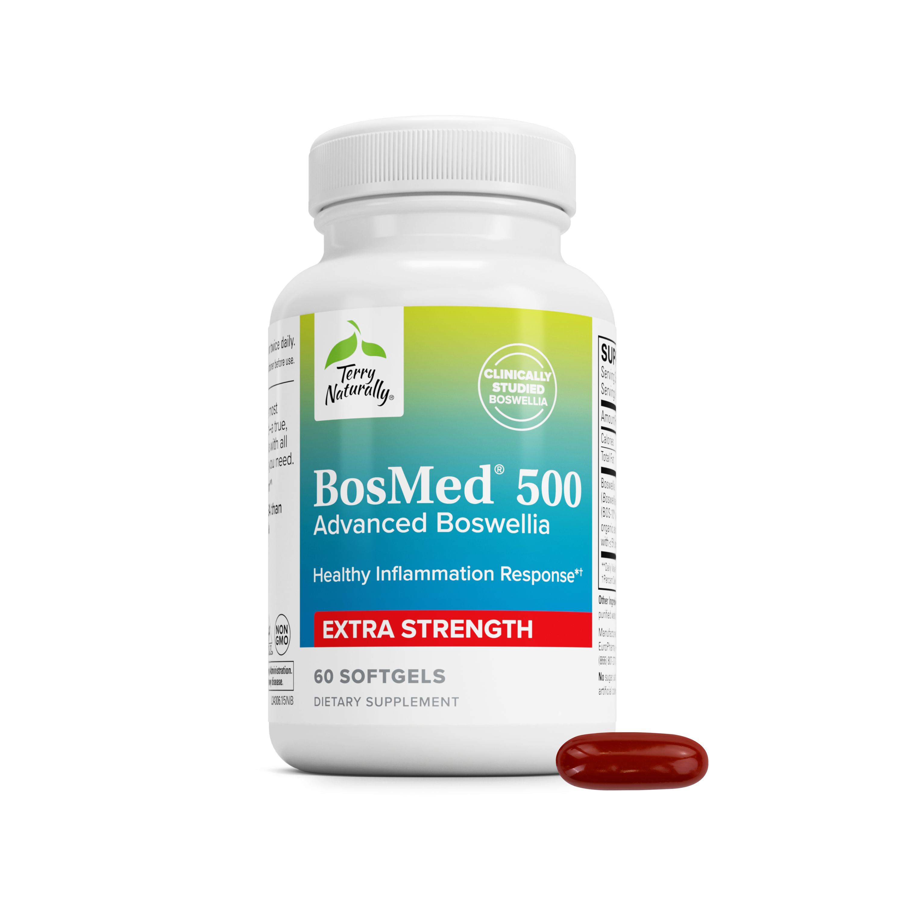 White supplement bottle with green label and red “Extra Strength” band; 60 softgels