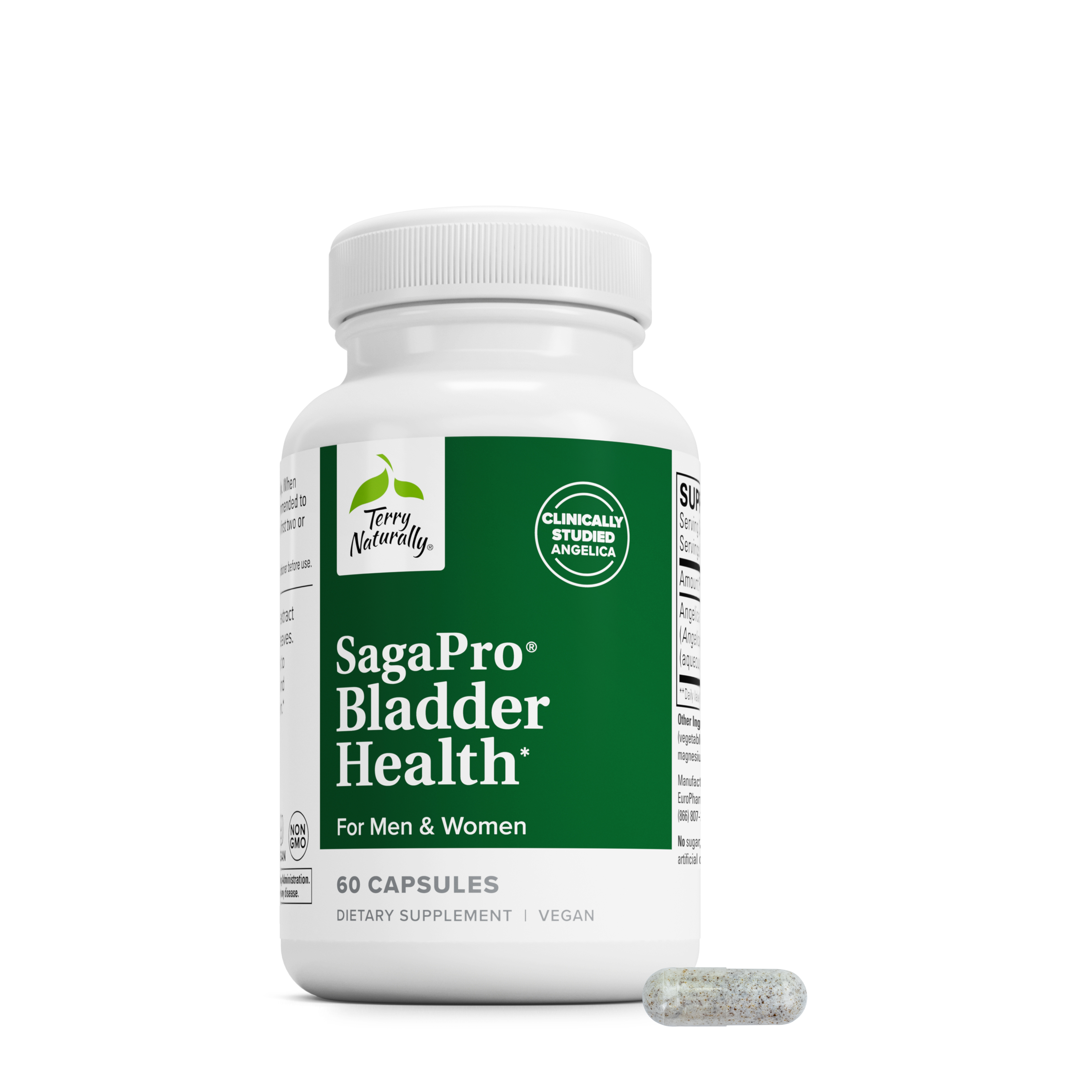 Bladder health supplement bottle with green label, 60 capsules