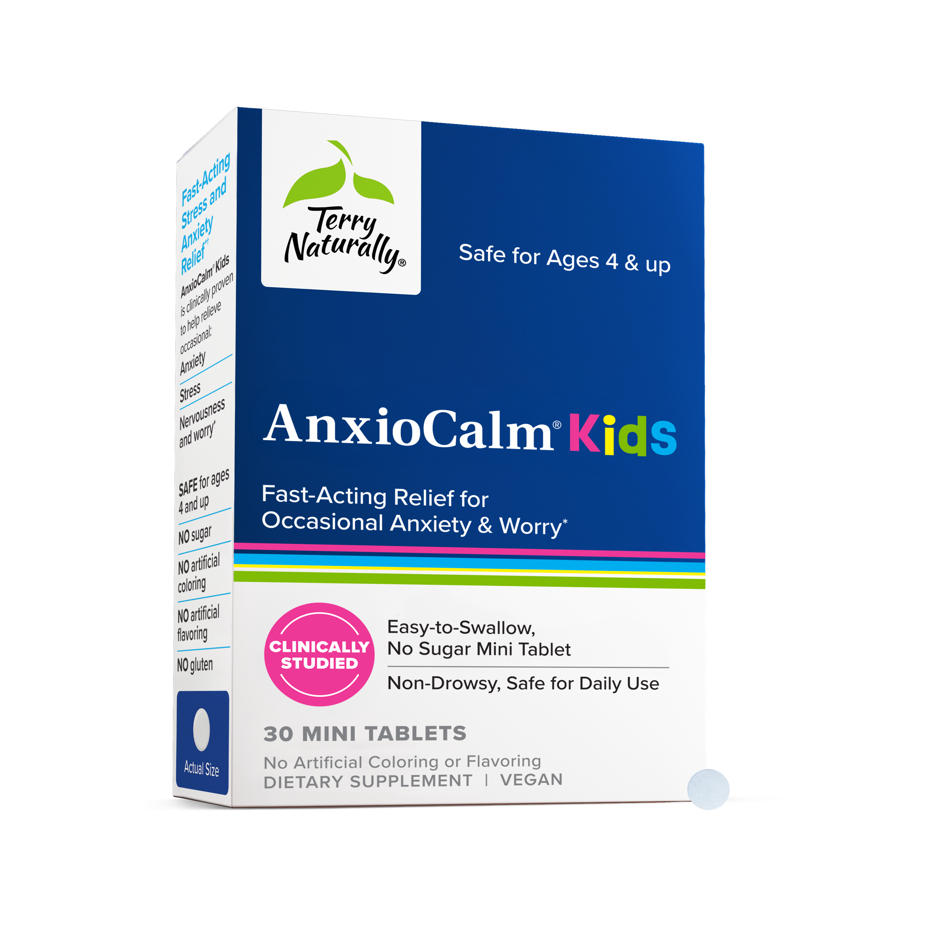 Kids anxiety relief supplement box with 30 mini tablets