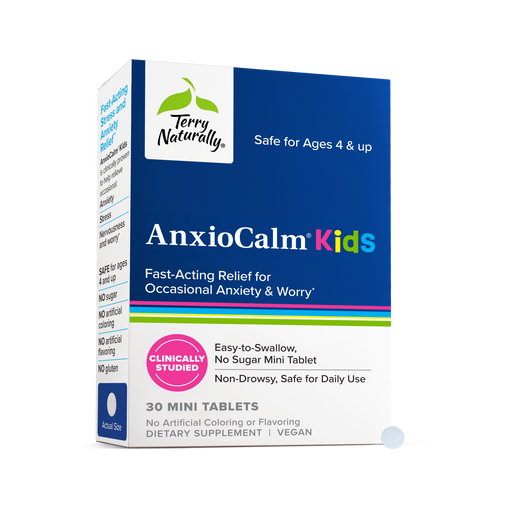 Kids anxiety relief supplement box with 30 mini tablets