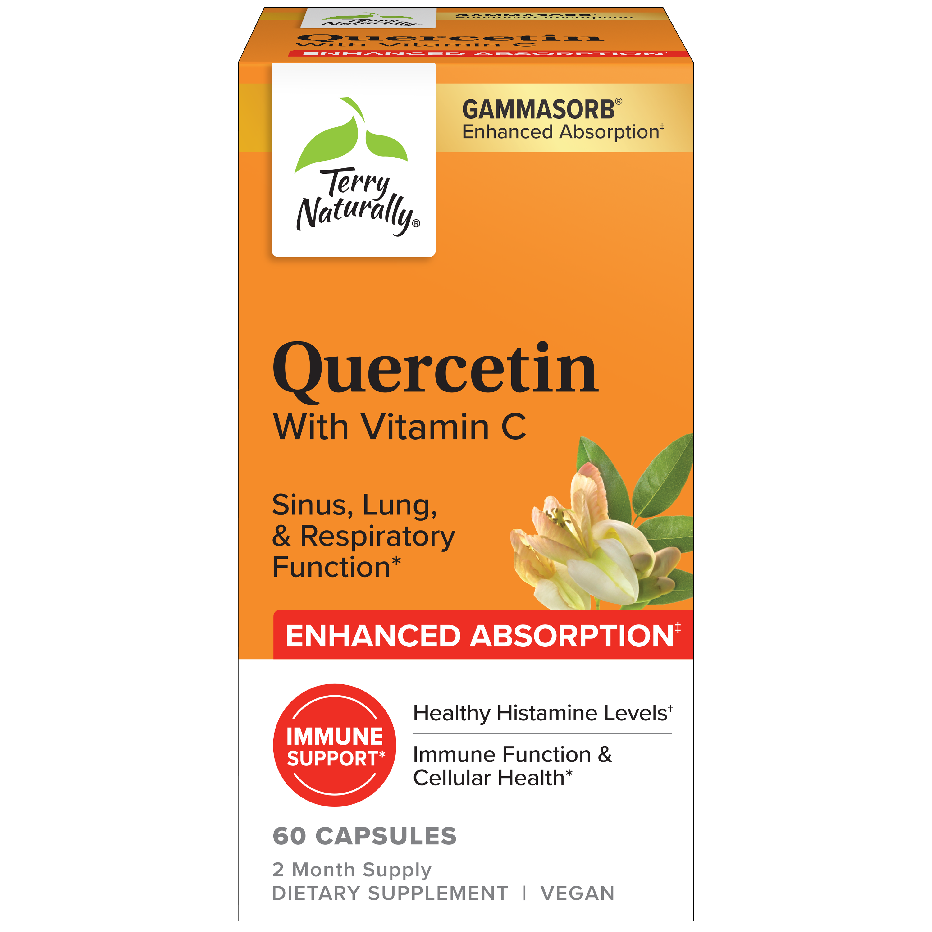 Dietary supplement box for quercetin and vitamin C, enhanced absorption, 60 capsules, vegan