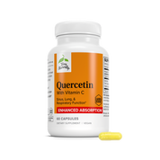 Quercetin and Vitamin C supplement bottle with yellow capsule, enhanced absorption, 60 capsules