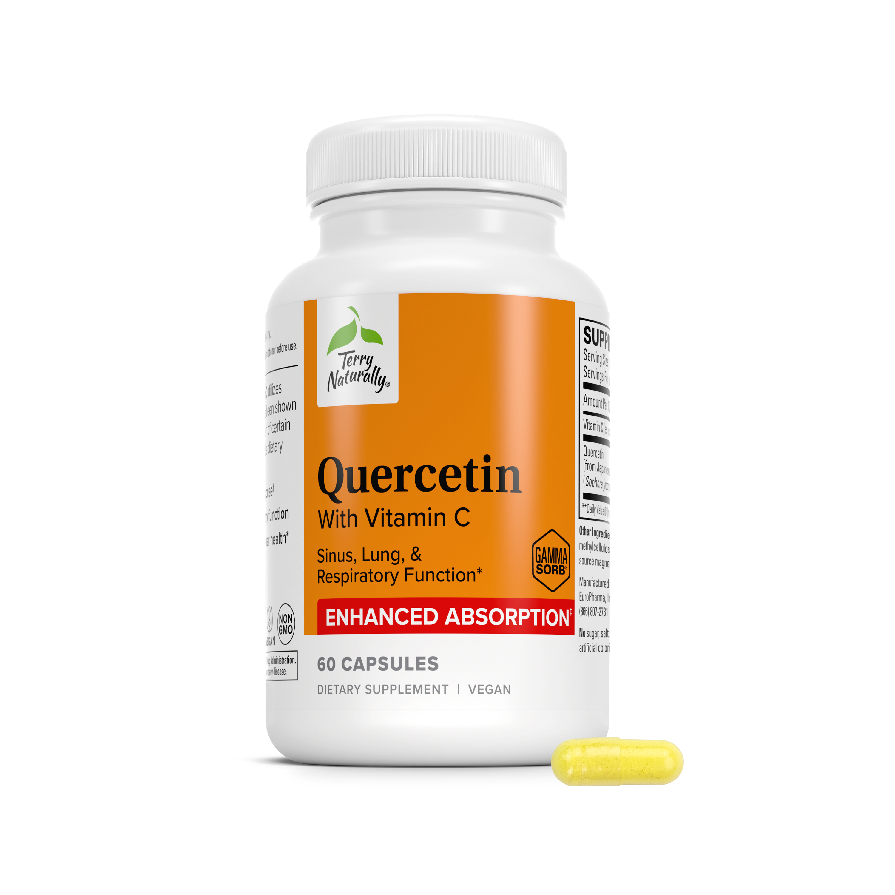 Quercetin and Vitamin C supplement bottle with yellow capsule, enhanced absorption, 60 capsules