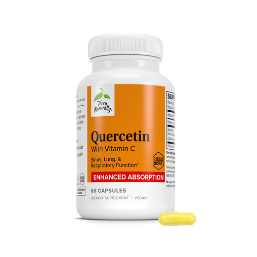 Quercetin and Vitamin C supplement bottle with yellow capsule, enhanced absorption, 60 capsules