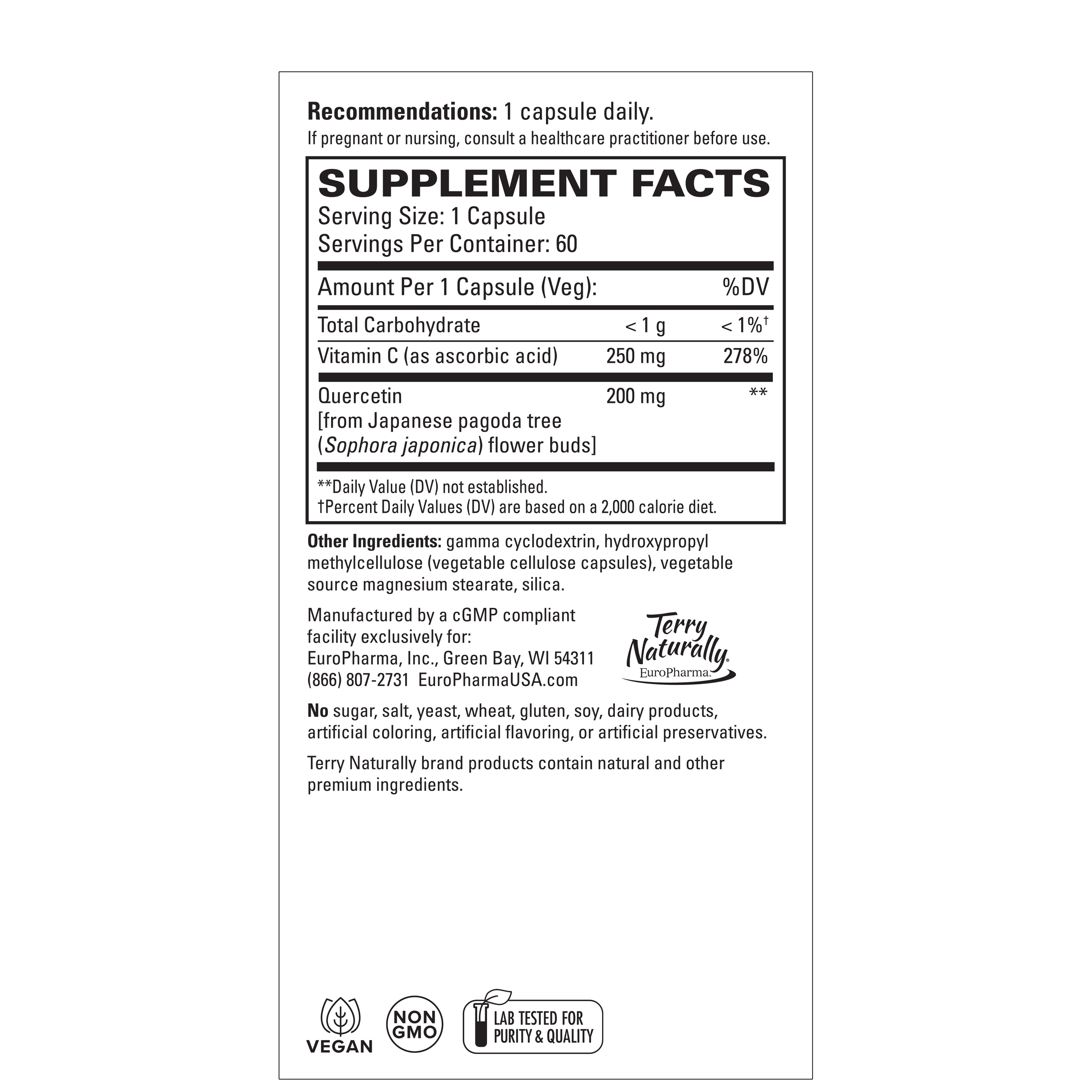 Quercetin and Vitamin C supplement label, serving size 1 capsule, 60 servings, vegan
