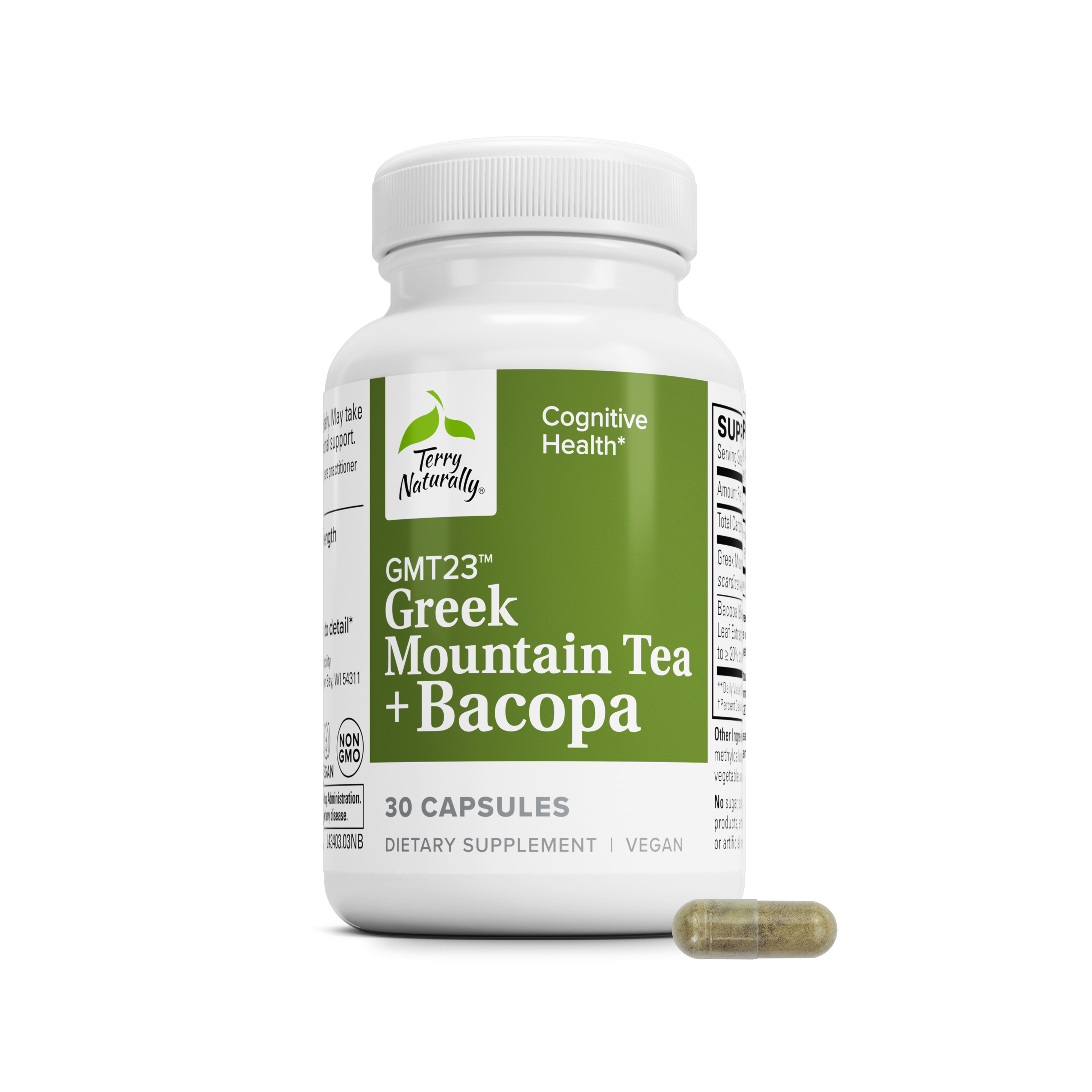 GMT23 Greek Mountain Tea + Bacopa supplement bottle with 30 capsules