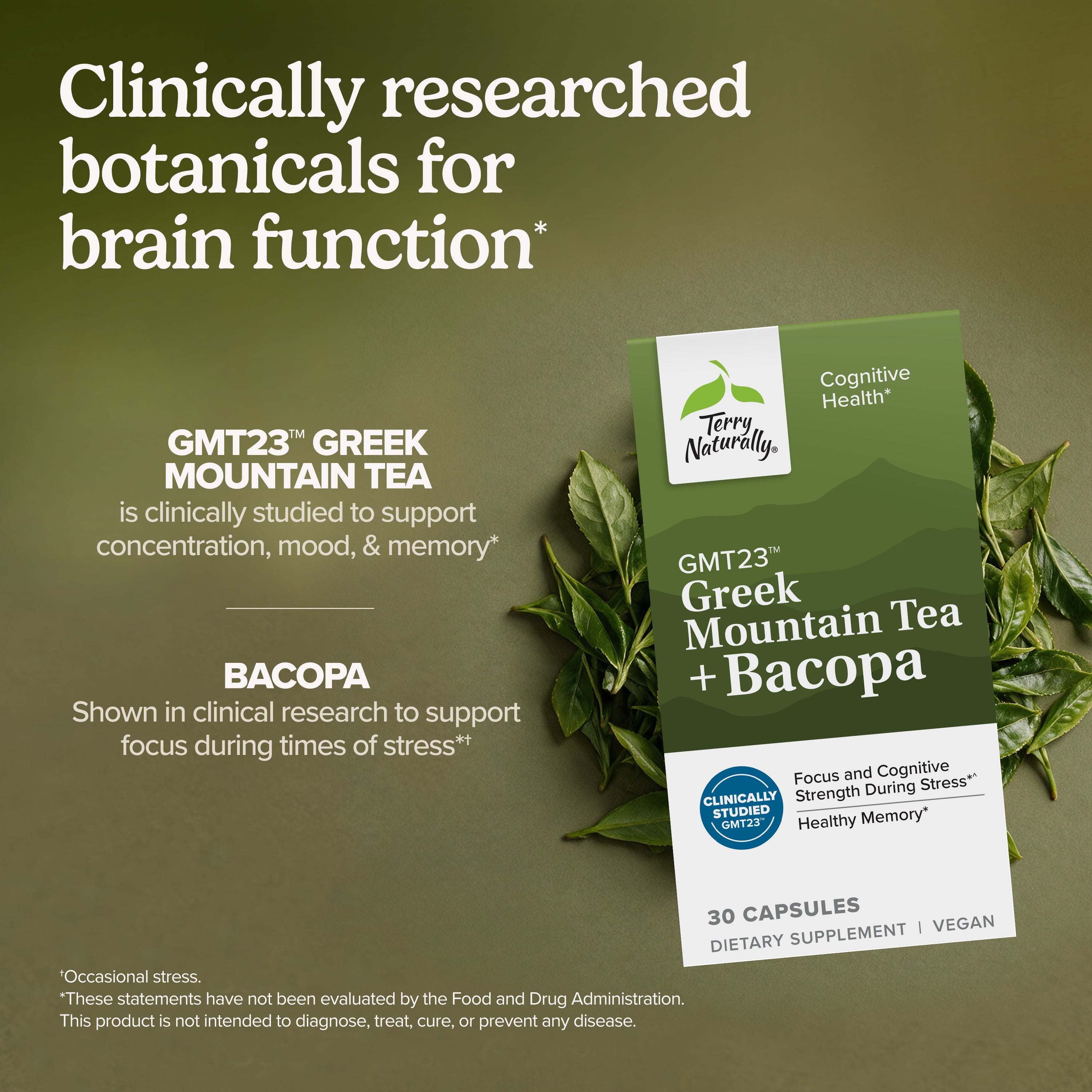 Greek Mountain Tea + Bacopa supplement box beside botanical leaves