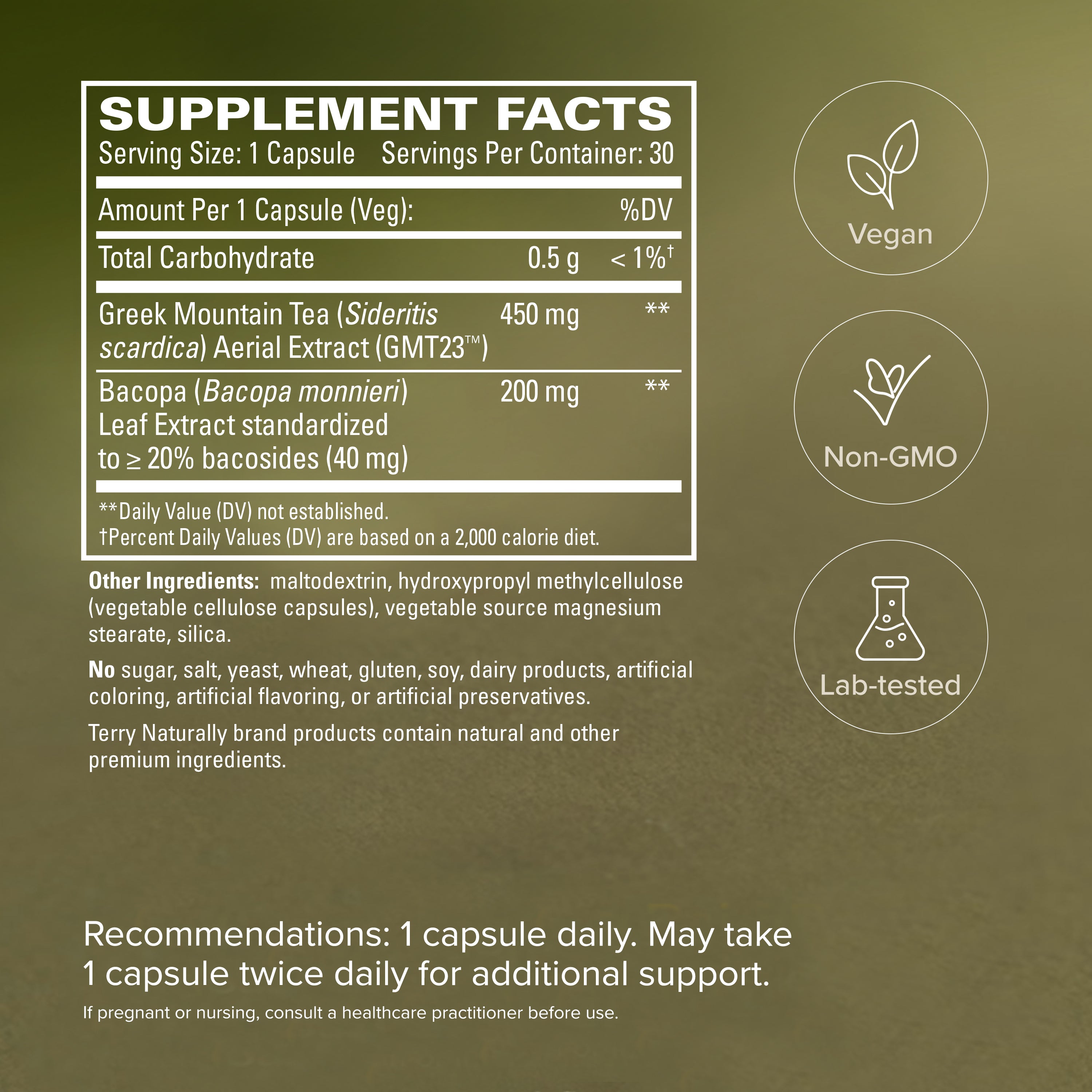 Supplement Facts label for Greek Mountain Tea + Bacopa 30 capsules