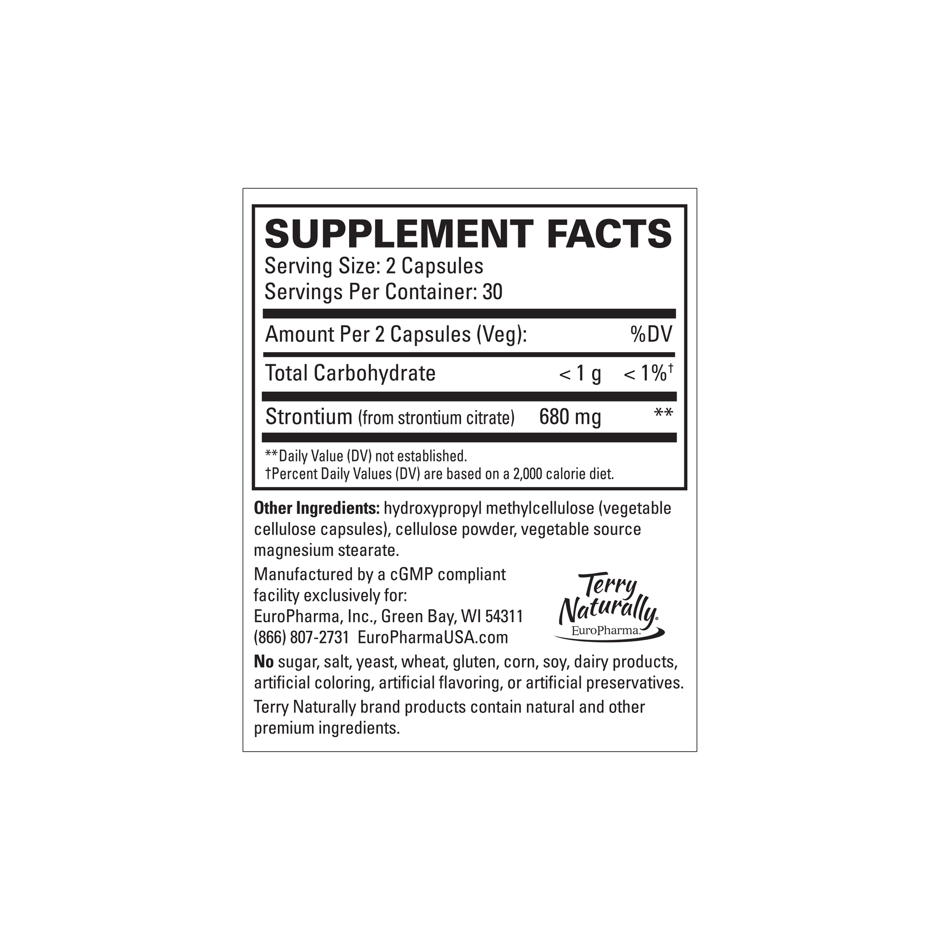 Strontium Supplement Facts label, serving size 2 capsules (vegan)
