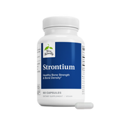 Strontium mineral supplement bottle with 60 vegan capsules, front blue label