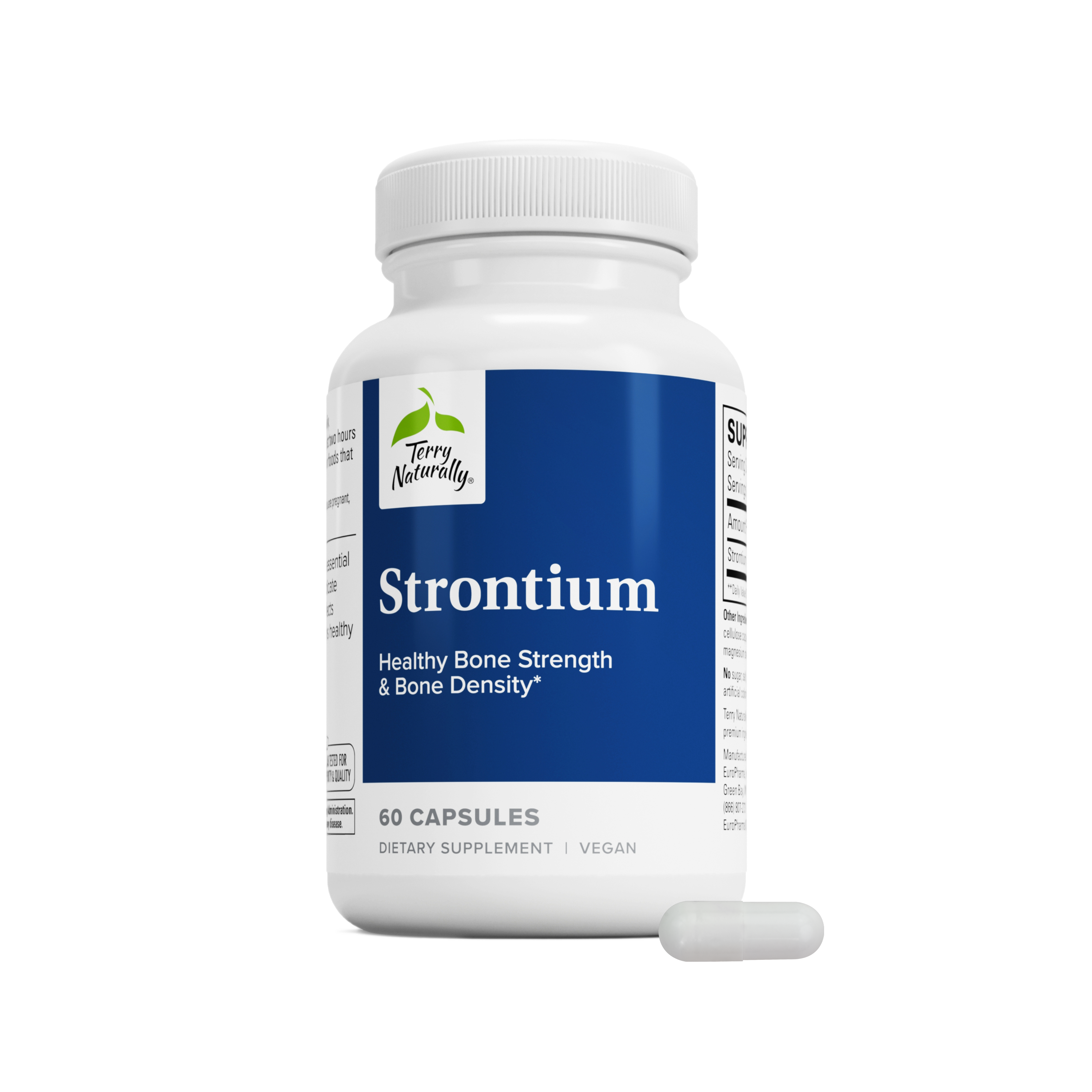 Strontium mineral supplement bottle with 60 vegan capsules, front blue label