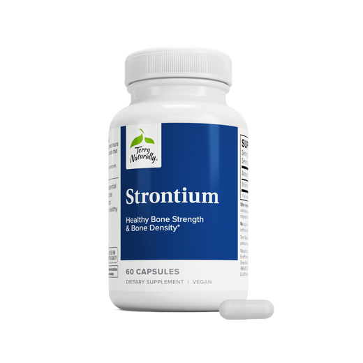 Strontium mineral supplement bottle with 60 vegan capsules, front blue label