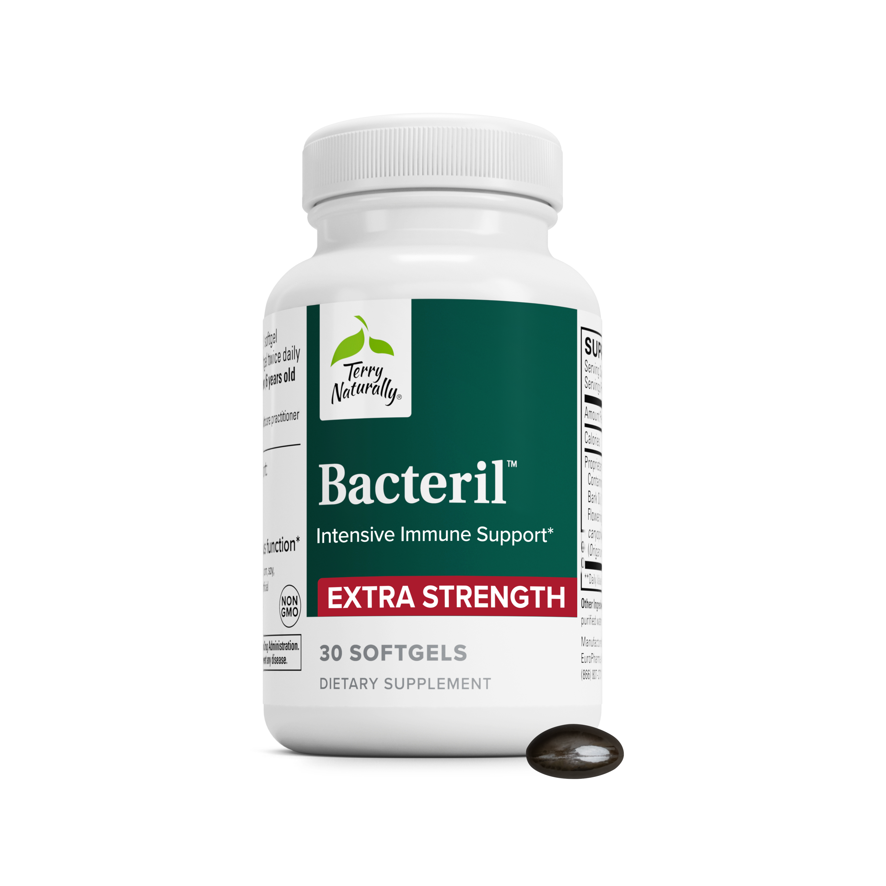Bacteril™ Extra Strength dietary supplement bottle with 30 softgels