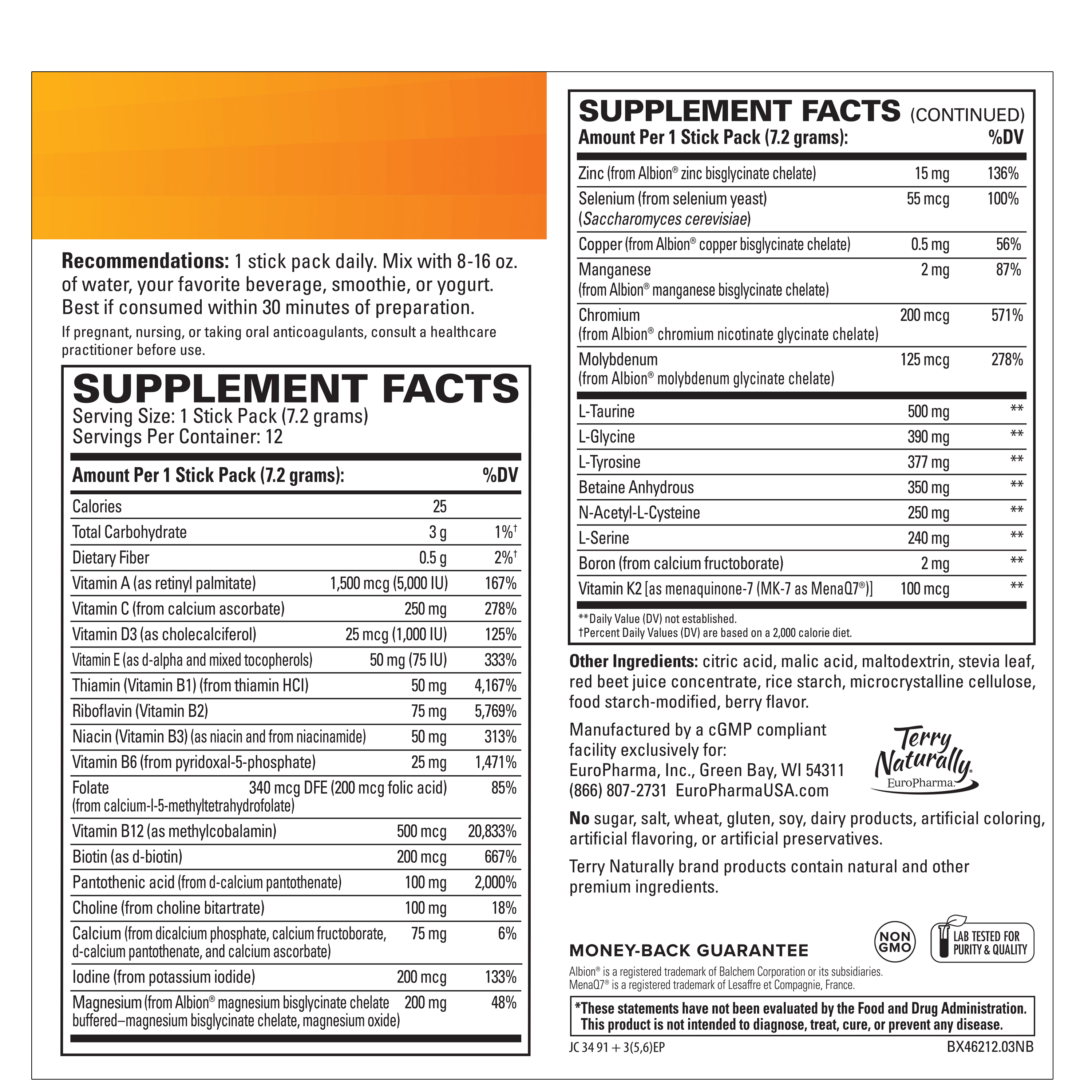 Supplement facts panel for energy revitalization drink mix stick packs