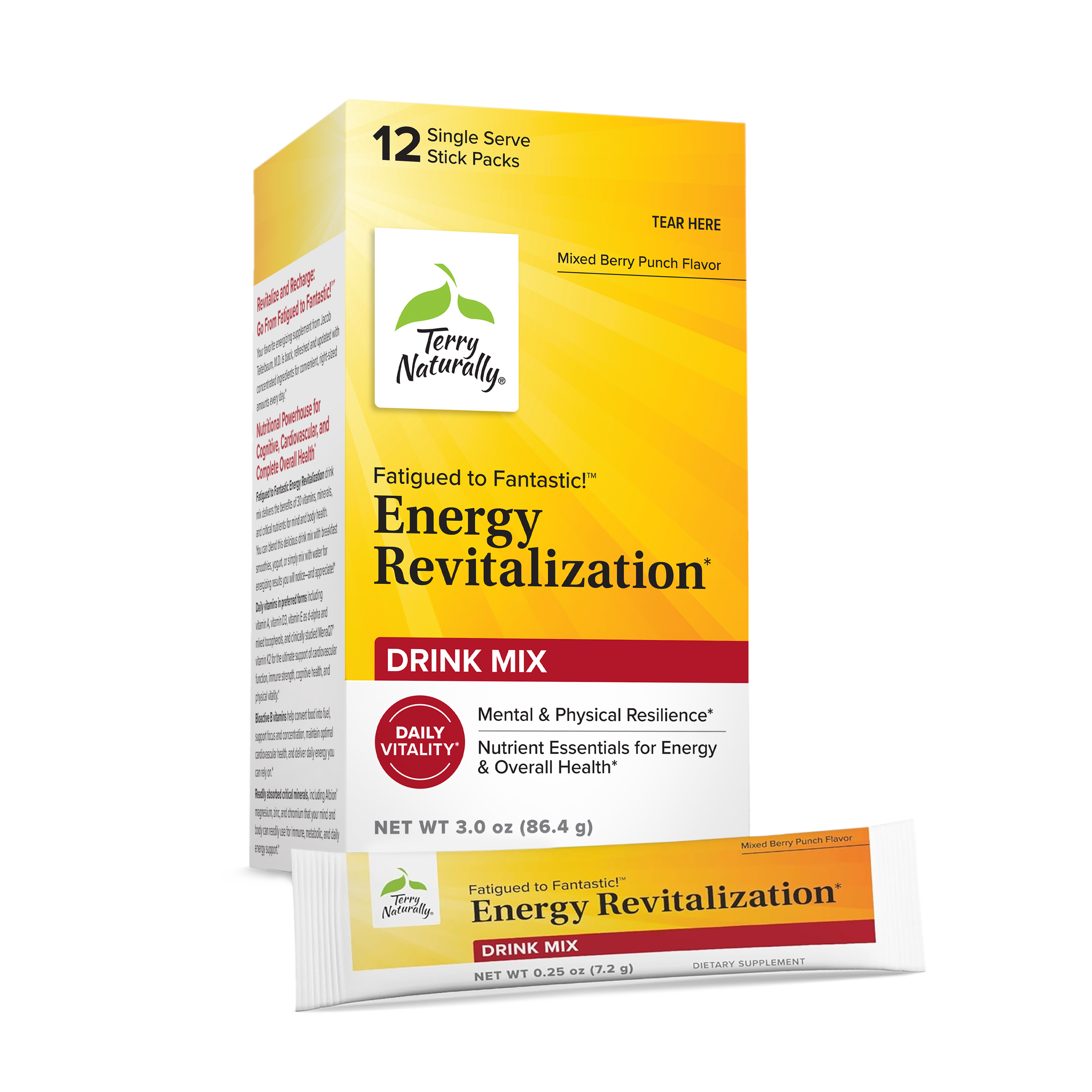 Energy revitalization drink mix stick packs, 12 single-serve sachets in box