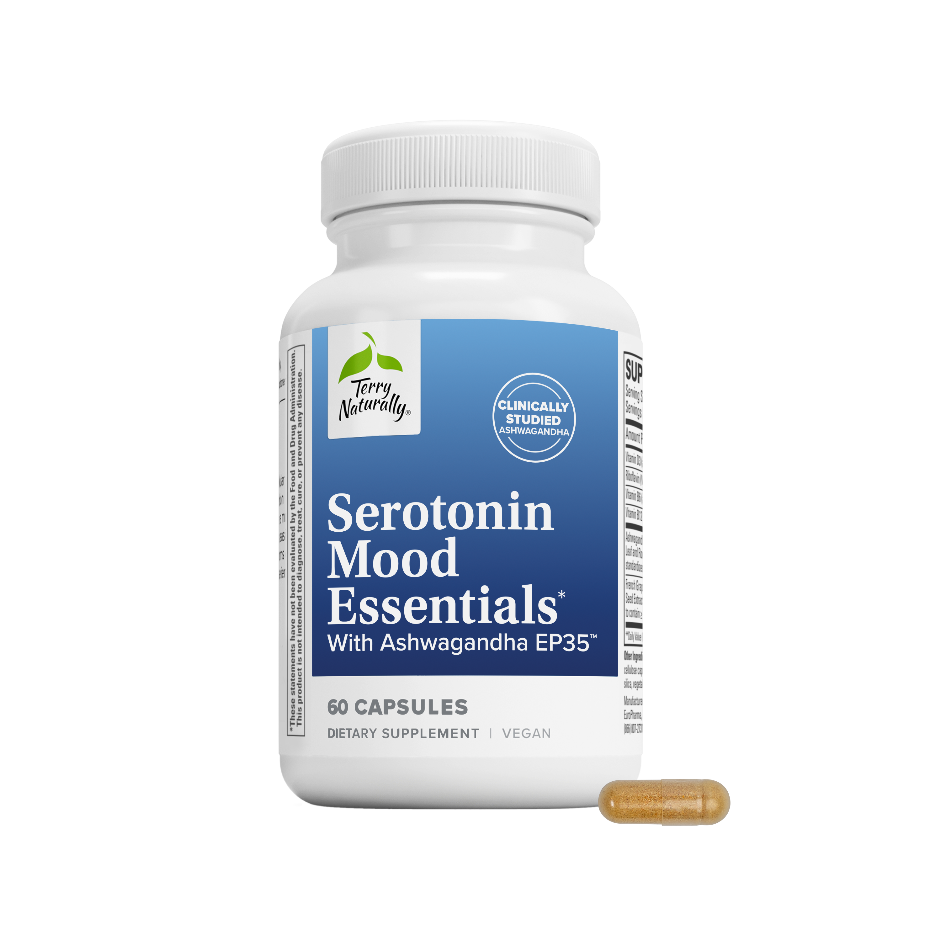 Serotonin Mood Essentials supplement bottle with blue label and 60 capsules