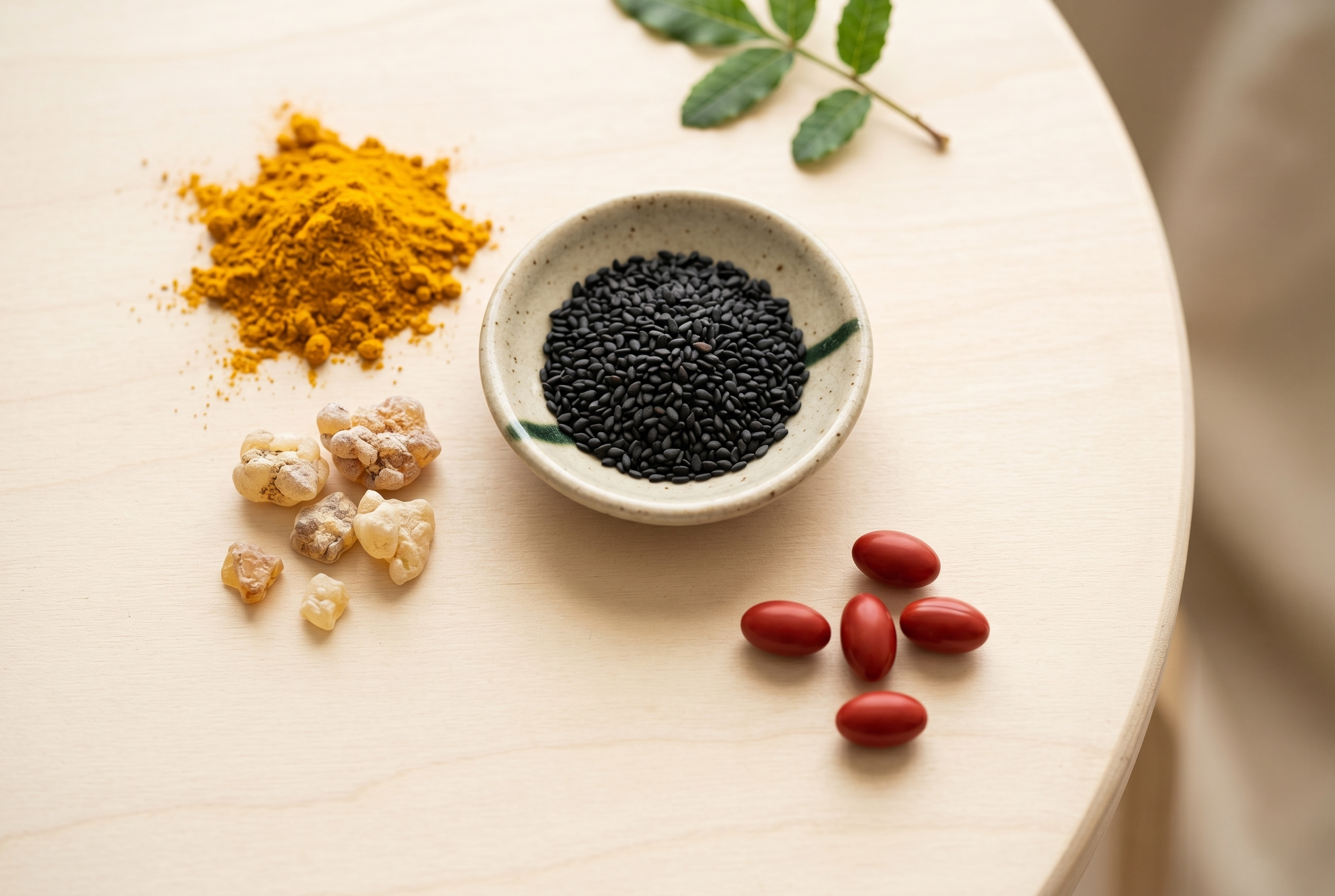 A flat lay of natural supplements including black seeds in a small dish, turmeric powder, resins, and red capsules on a wooden surface.