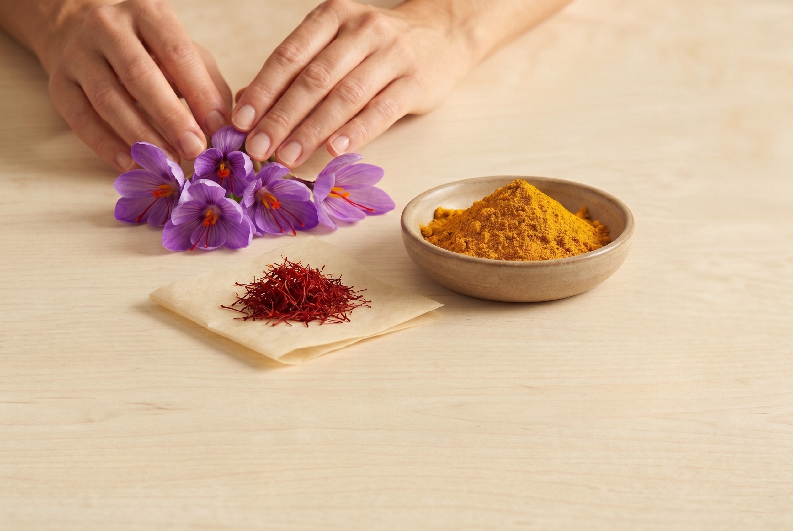 A person's hands framing purple crocus flowers next to a small pile of red saffron threads and a bowl of yellow turmeric powder on a wooden surface.