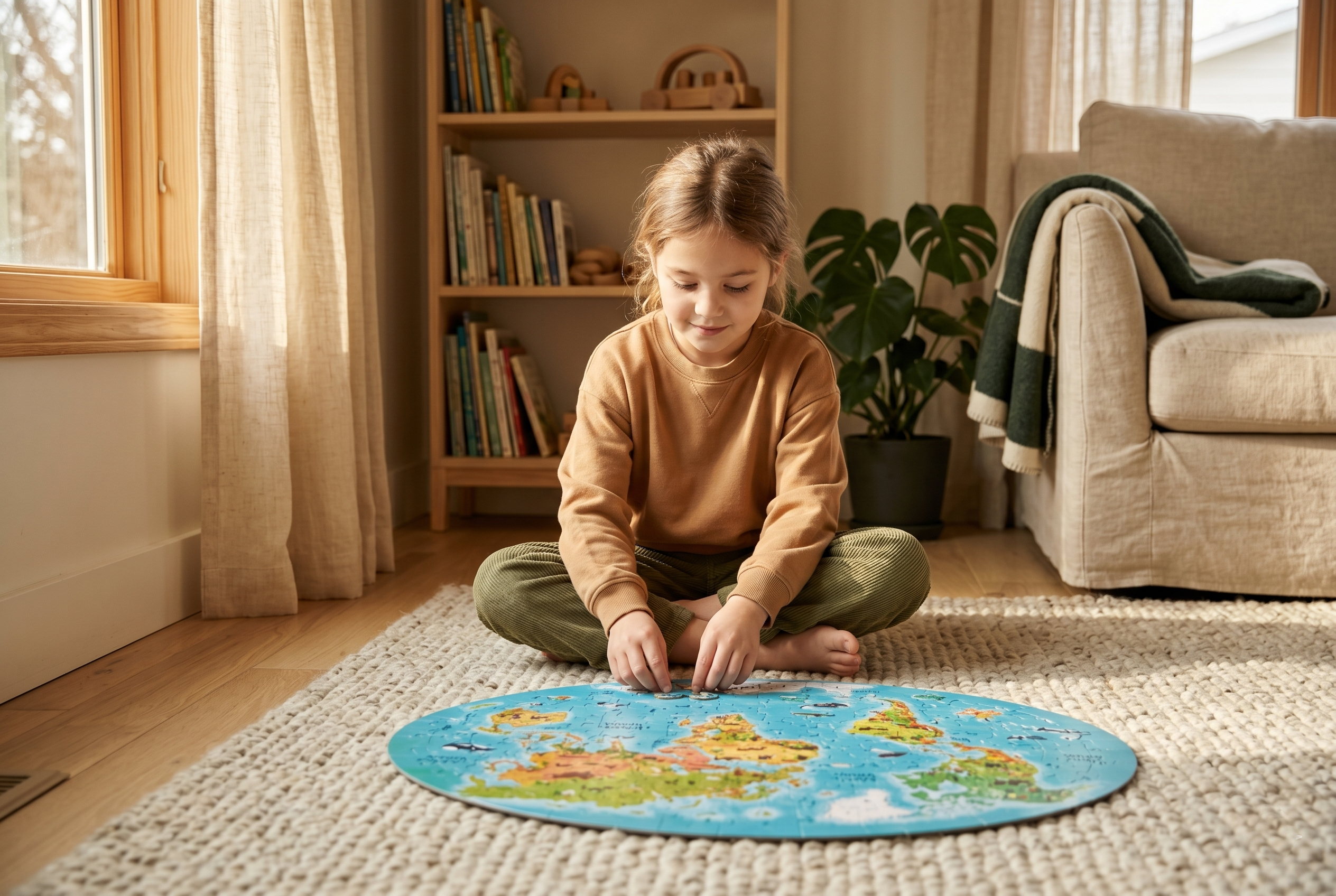 Young child sitting peacefully on a rug, focused on a puzzle in warm afternoon light.