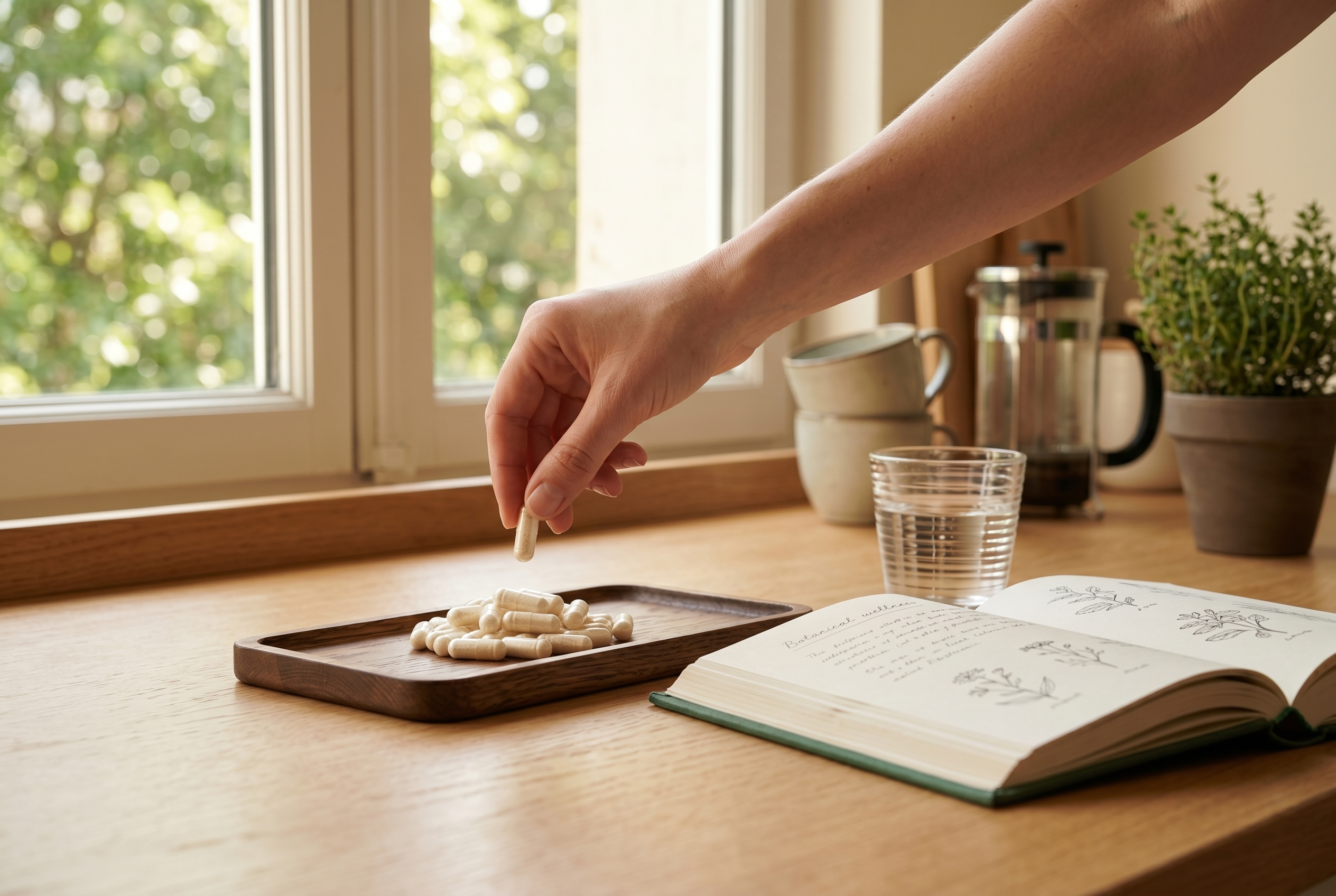  Woman's hand reaching for a daily supplement from a wooden tray in a warm morning kitchen.