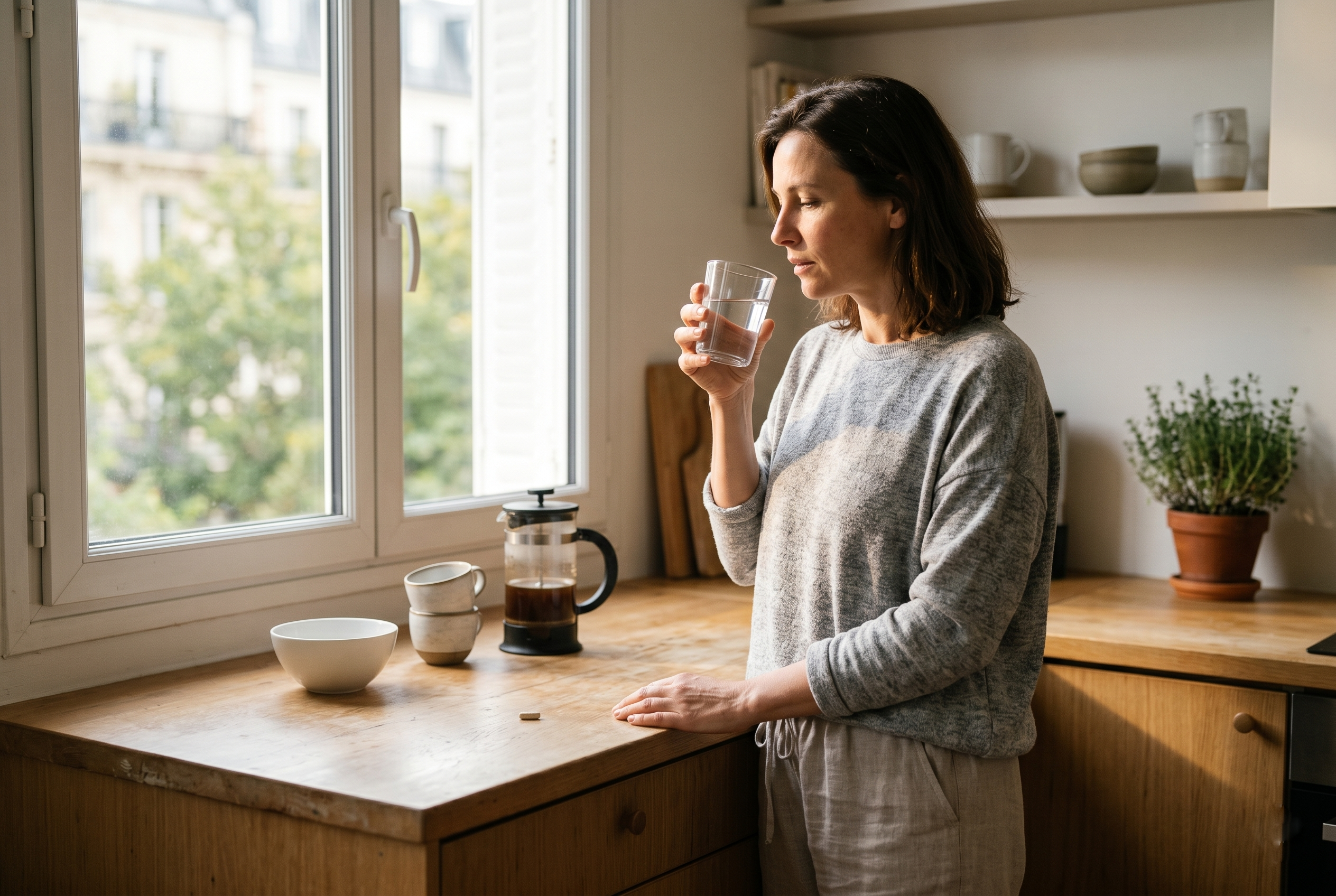Woman in morning clothing holding a glass of water, calm and intentional at a kitchen counter.