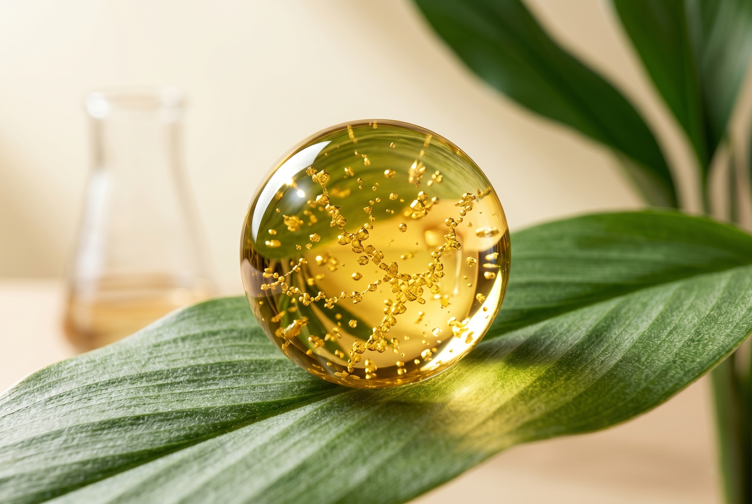 Macro close-up of a golden turmeric oil droplet on a green leaf, suggesting absorption at a molecular level.