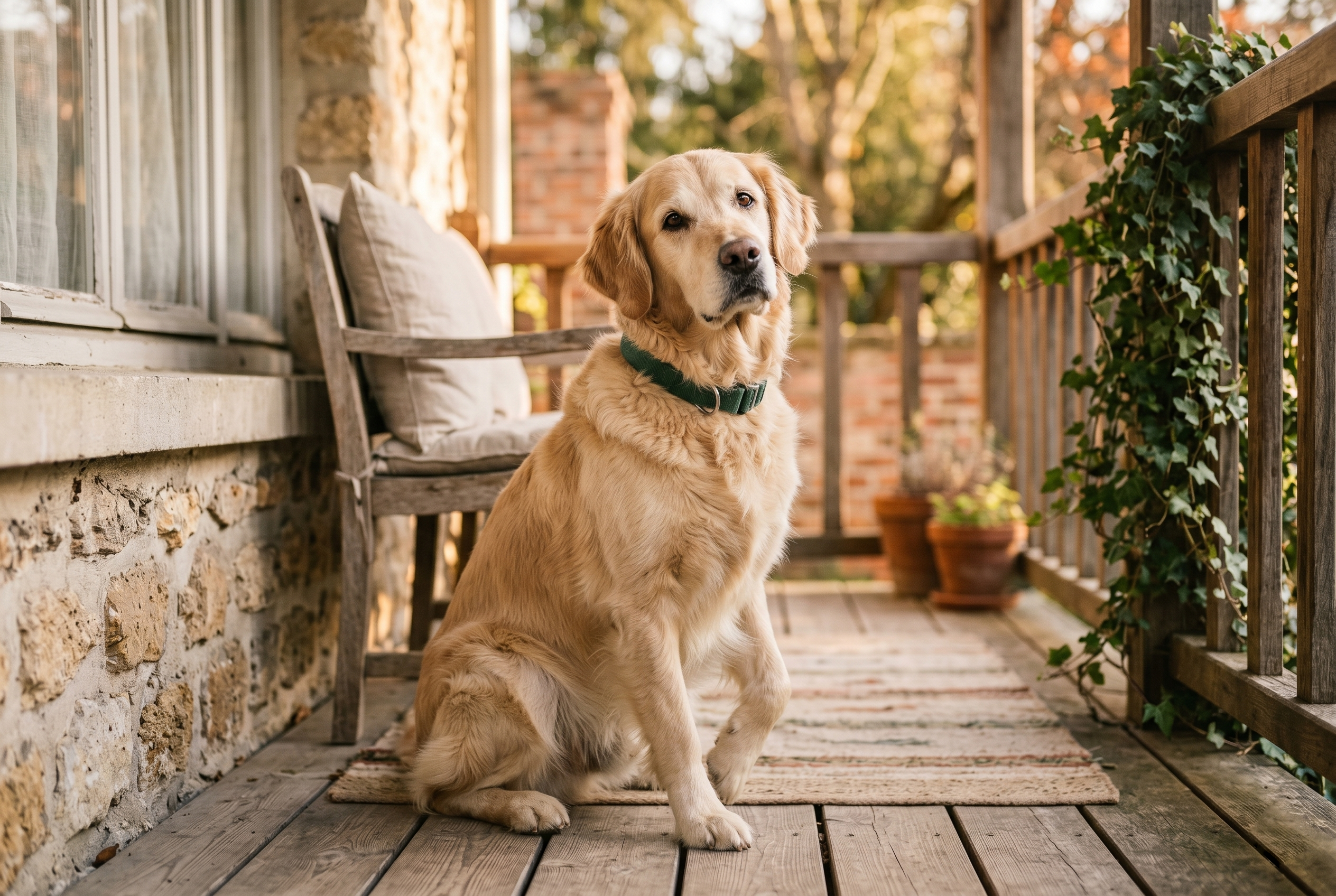 Alert older golden retriever sitting on a porch in soft morning sunlight.