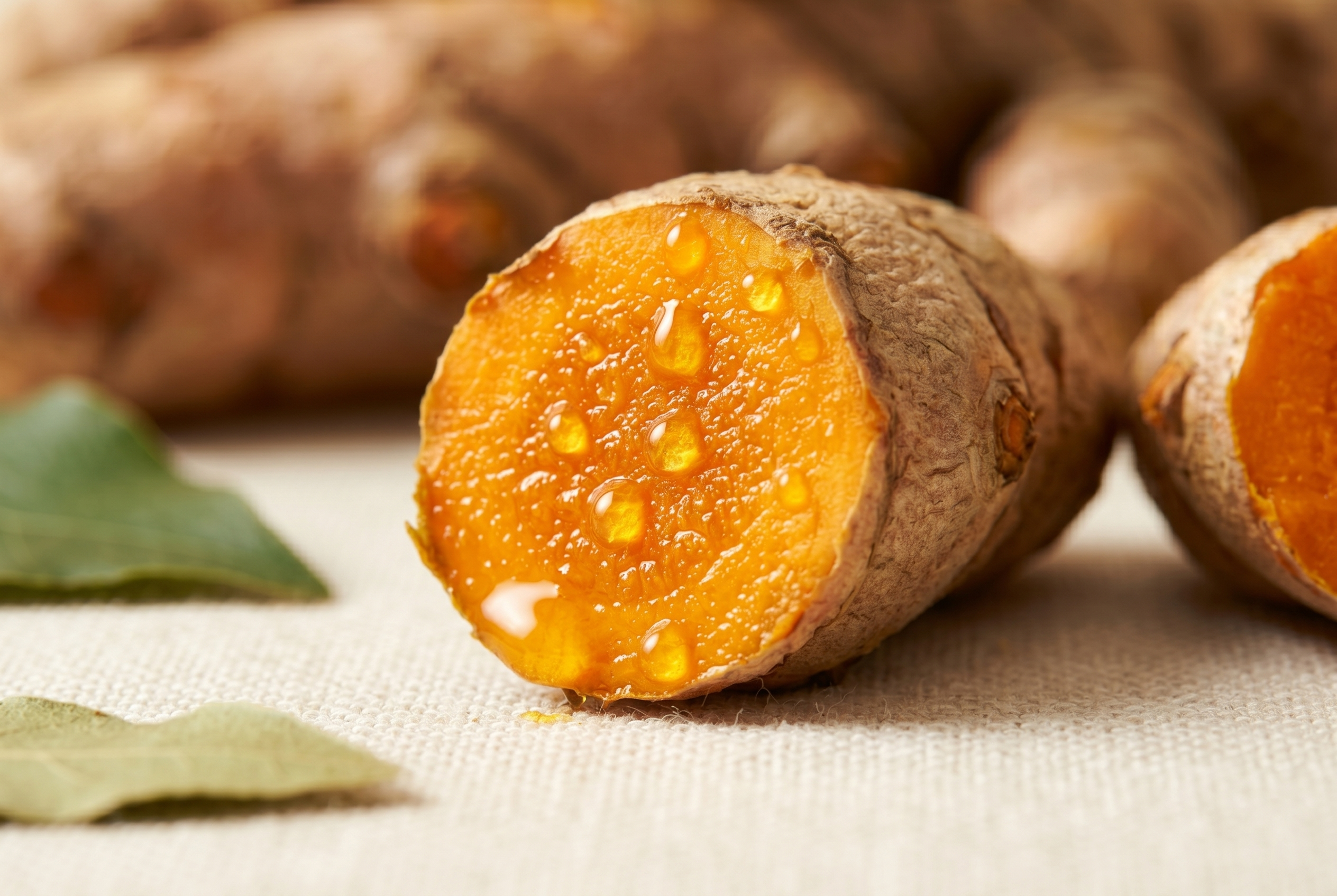 Macro close-up of a freshly cut turmeric root with golden oil drops on the cut surface.