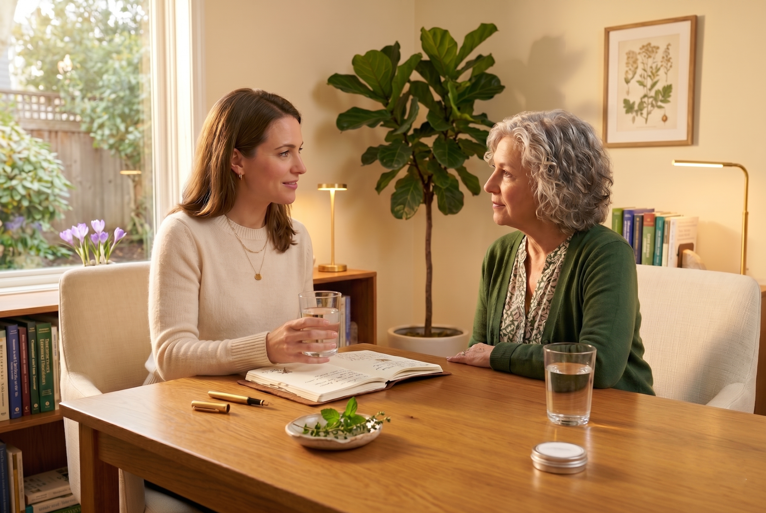 Healthcare provider and patient in thoughtful conversation across a wooden desk.