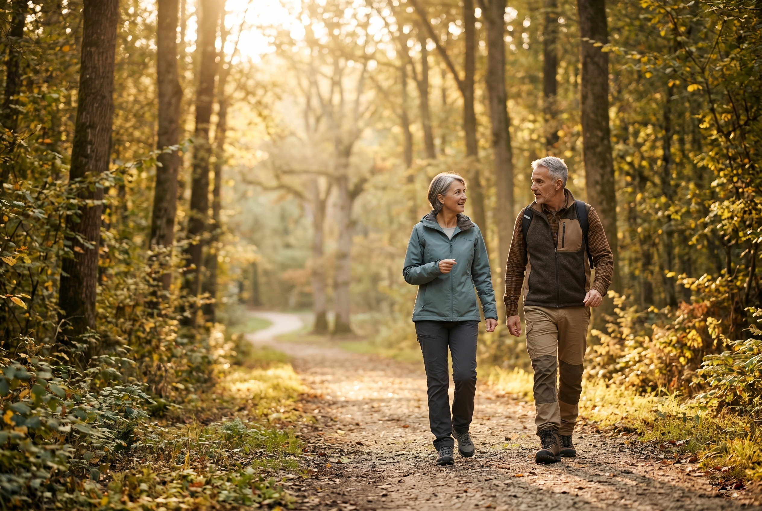Active mature couple walking together on a forest trail at golden hour.