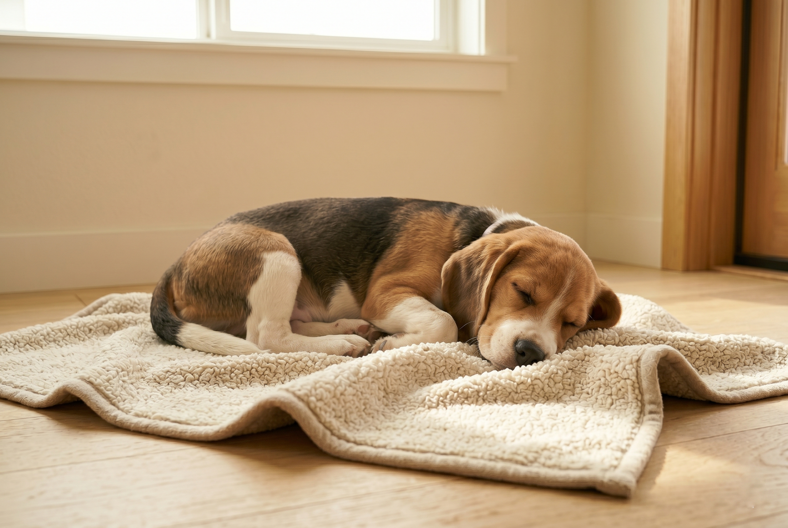 Beagle sleeping peacefully on a soft blanket in warm sunlight, reflecting the restful comfort and natural wellness 