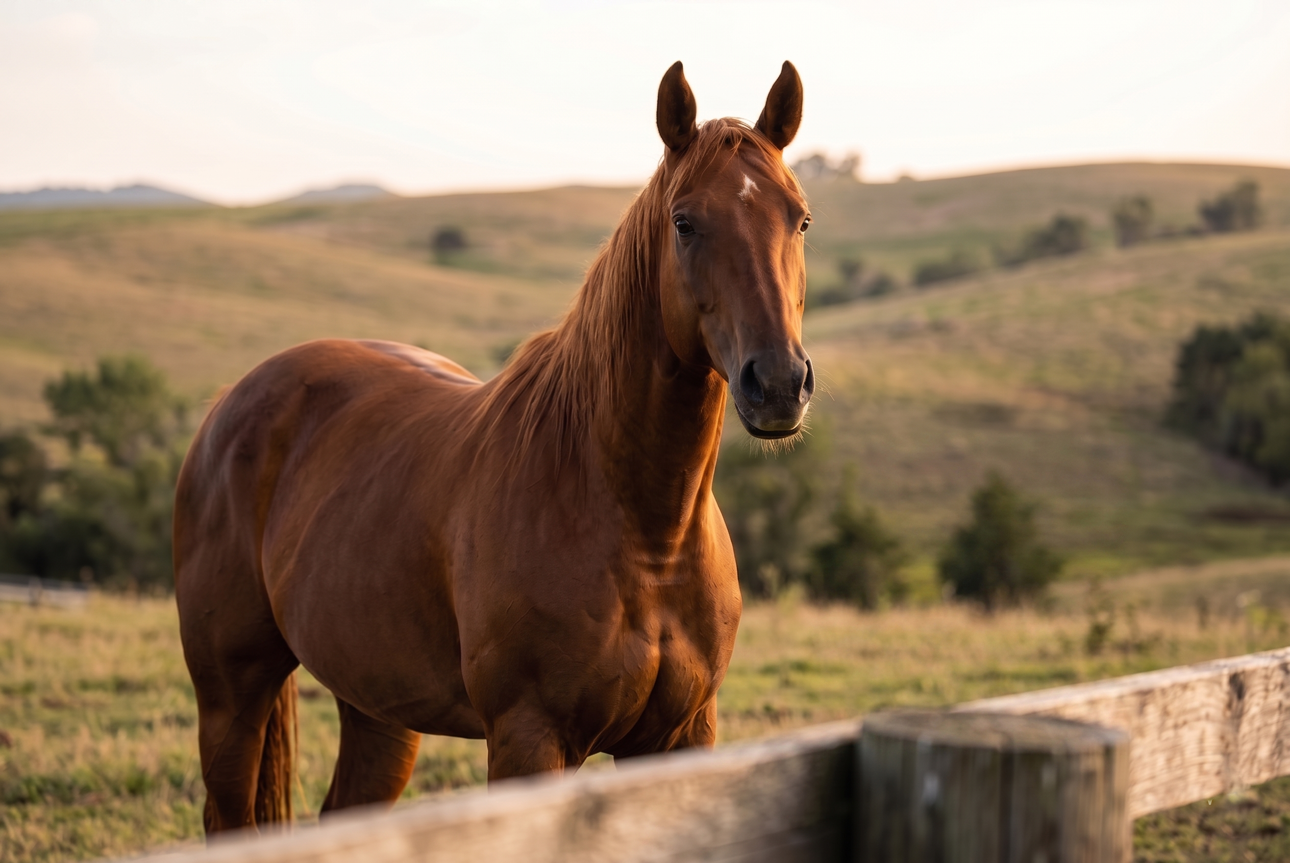 A chestnut horse stands in a sunlit pasture beside a wooden fence