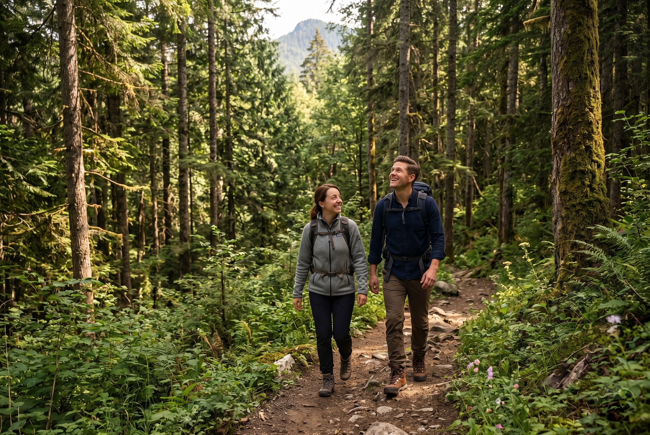 Couple hiking on the woods, laughing and spending a good time in nature