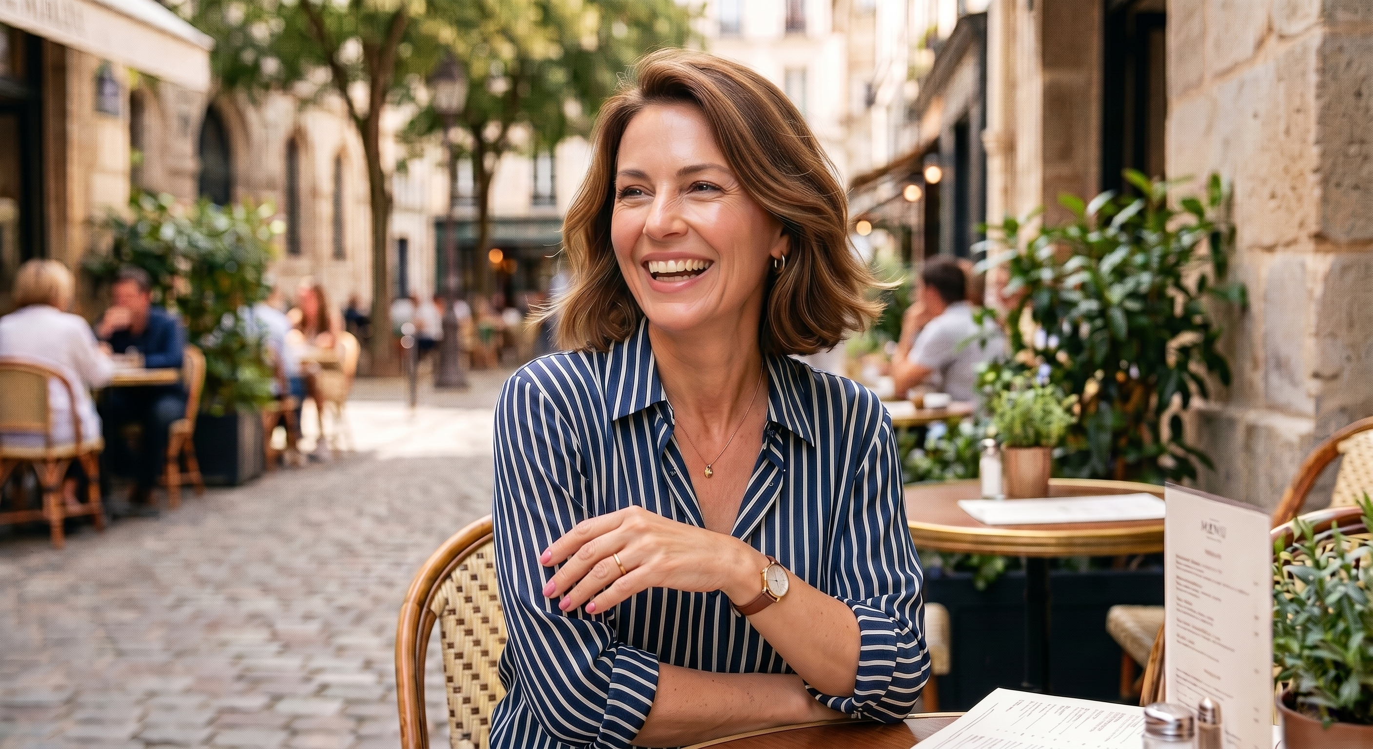 Happy women in her 40s sitting in a coffee place, smiling with radiant skin, hair and nails