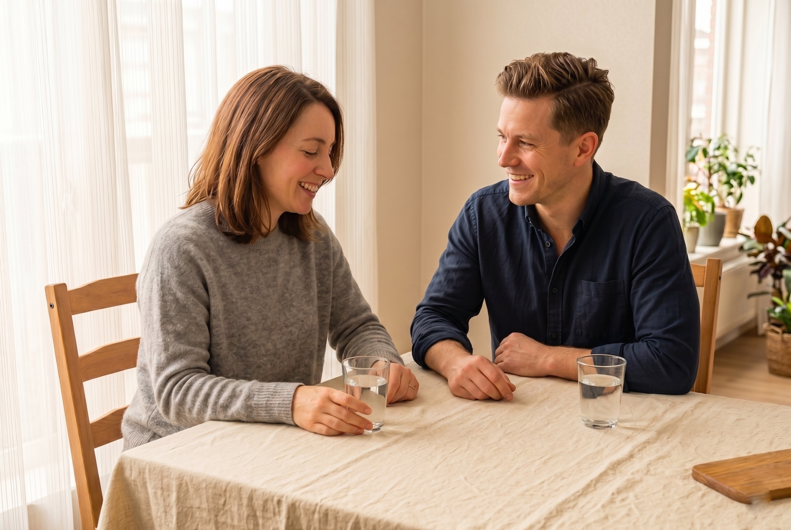 Woman and men talking and laughing drinking water