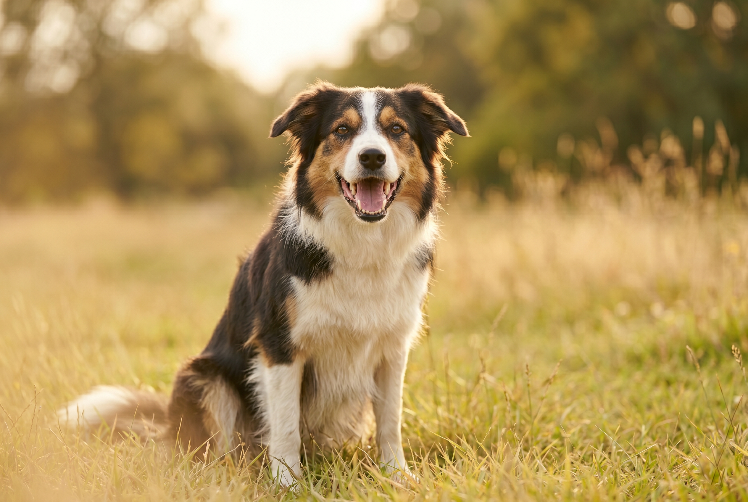 Happy Australian Shepherd sitting in a sunlit field with mouth open showing clean, healthy teeth